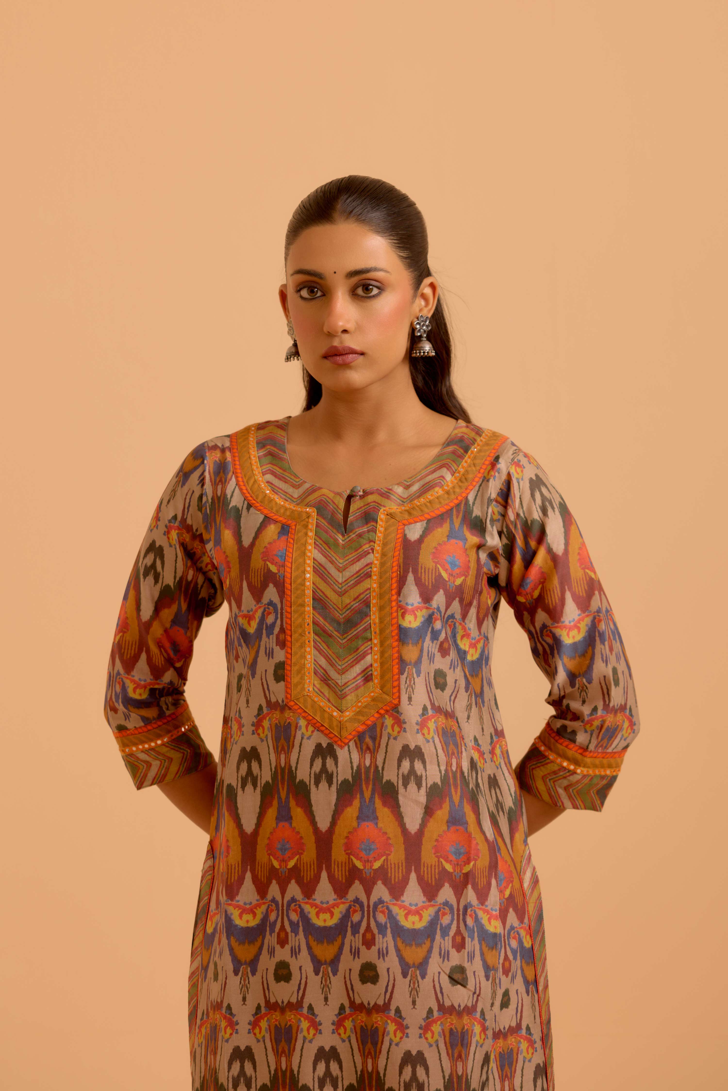 Rozana Chanderi Printed Kurta Beige Orange (Set Of 3)