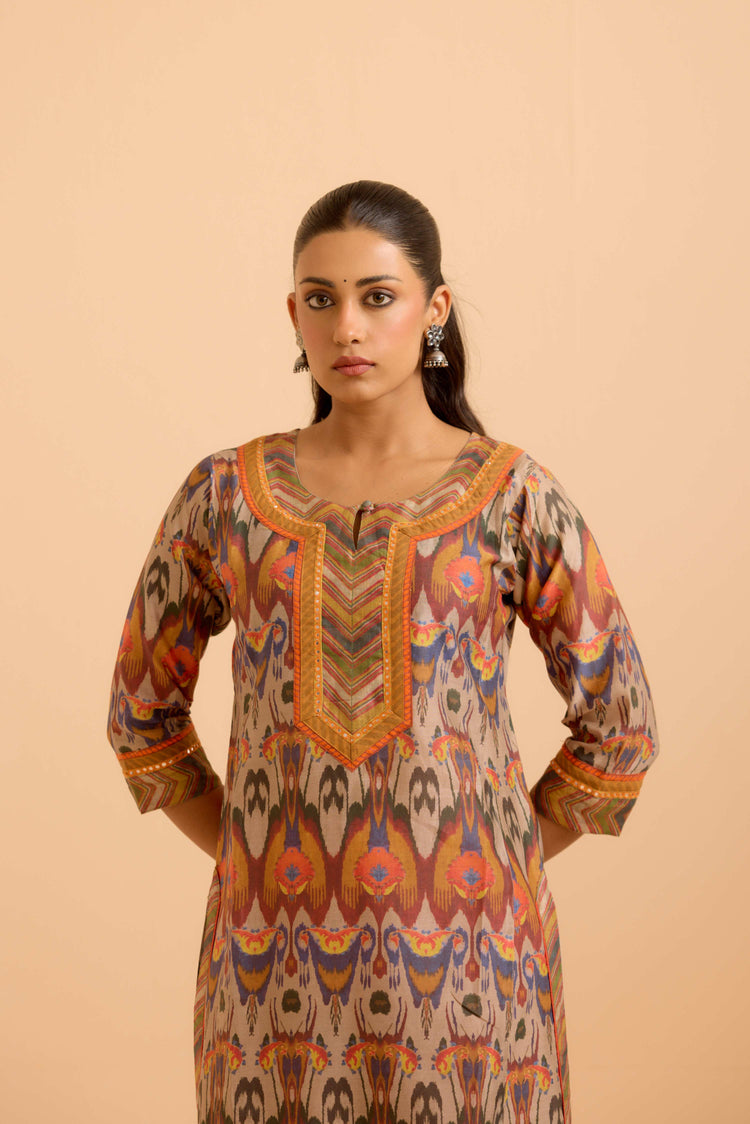 Rozana Chanderi Printed Kurta Beige Orange (Set Of 3)