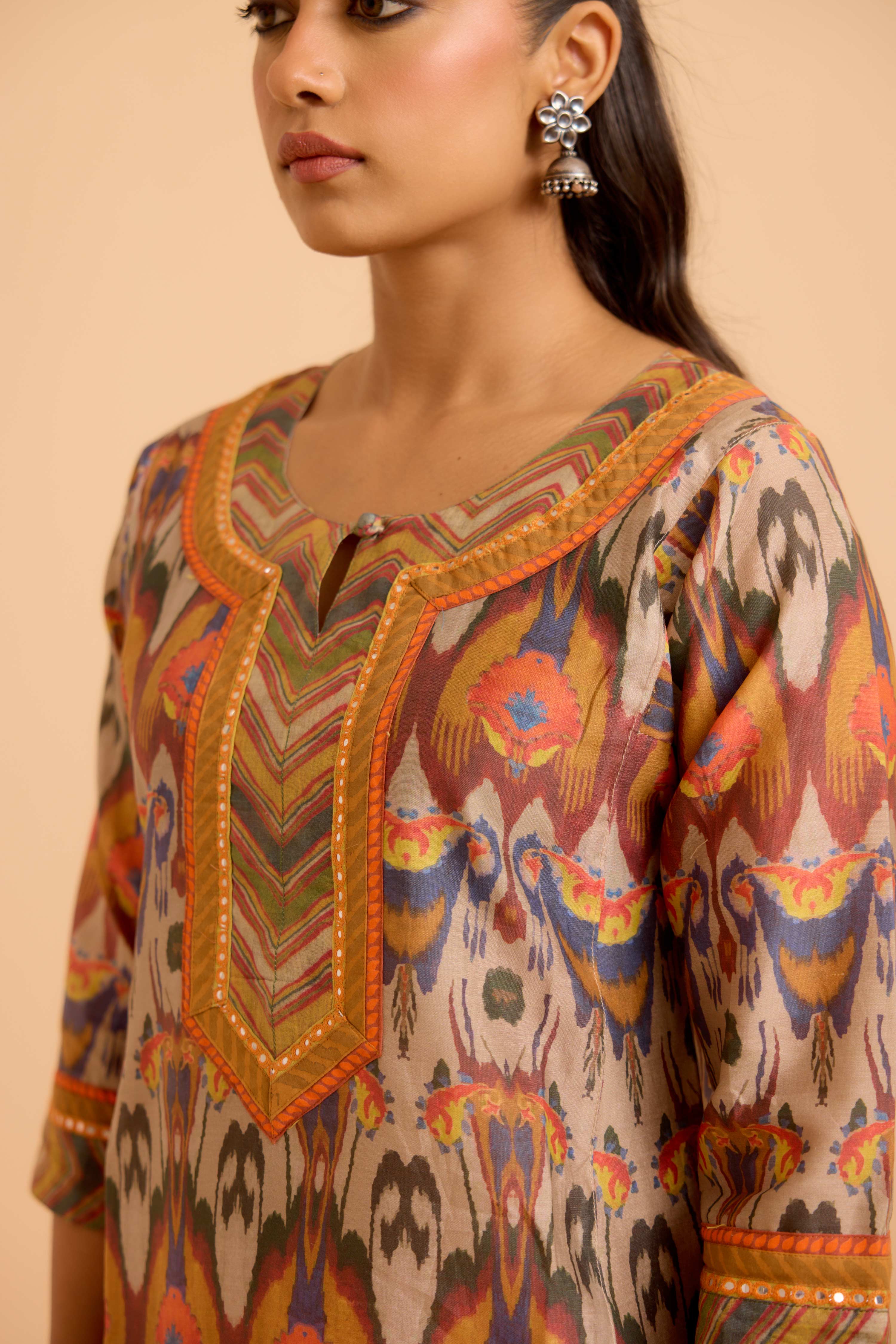 Rozana Chanderi Printed Kurta Beige Orange (Set Of 3)
