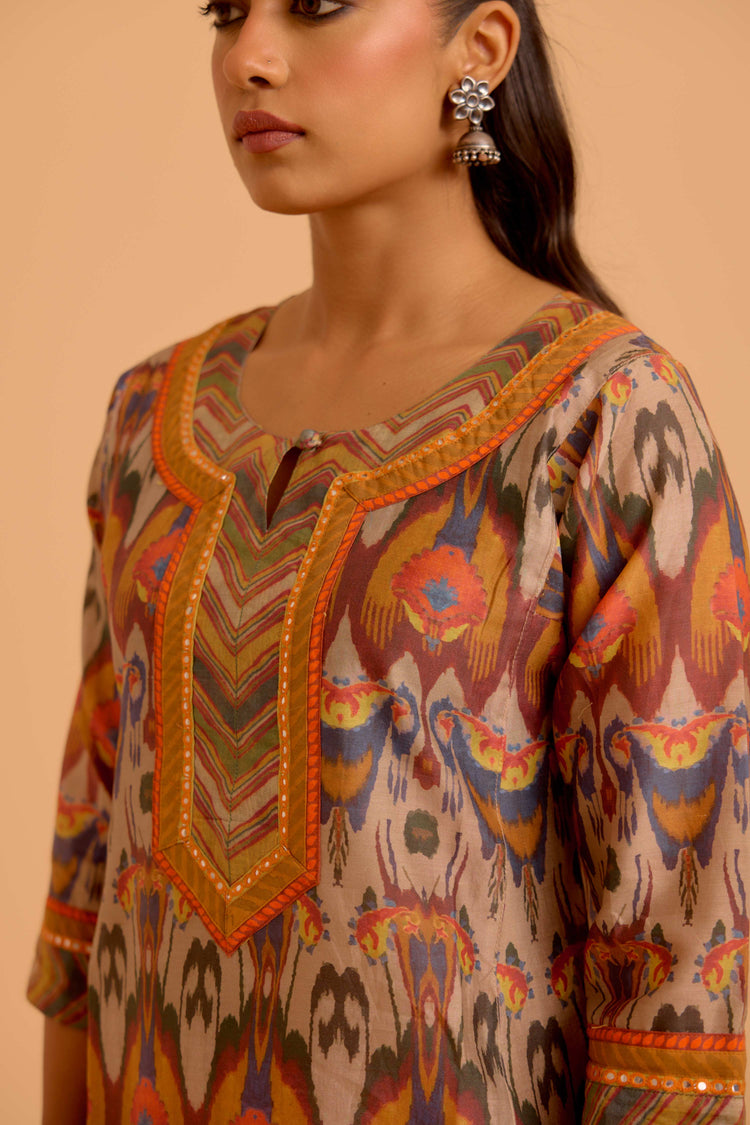 Rozana Chanderi Printed Kurta Beige Orange (Set Of 3)