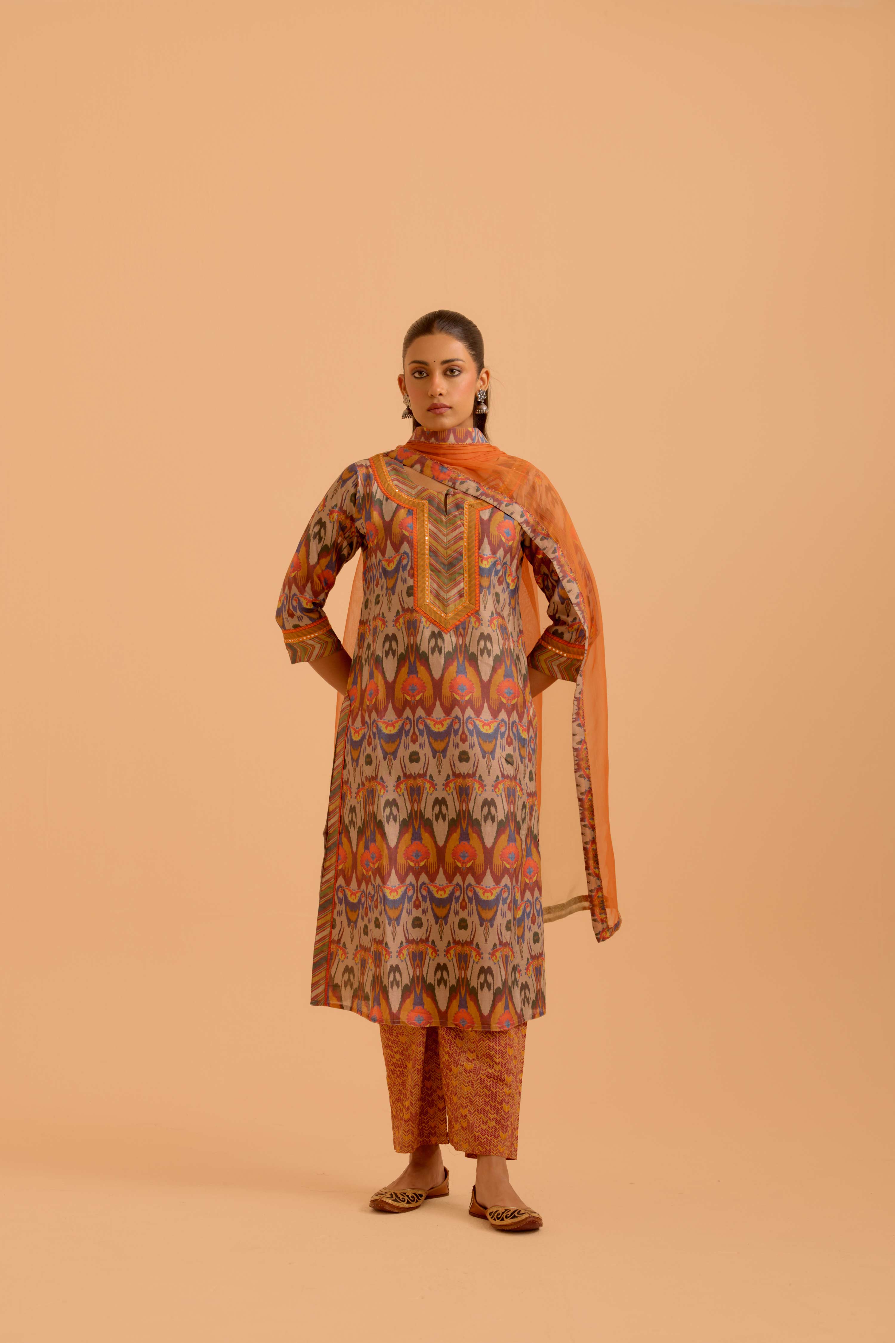 Rozana Chanderi Printed Kurta Beige Orange (Set Of 3)
