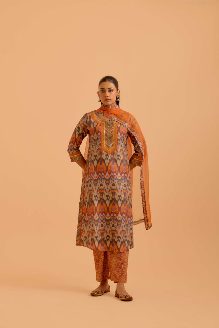 Rozana Chanderi Printed Kurta Beige Orange (Set Of 3)