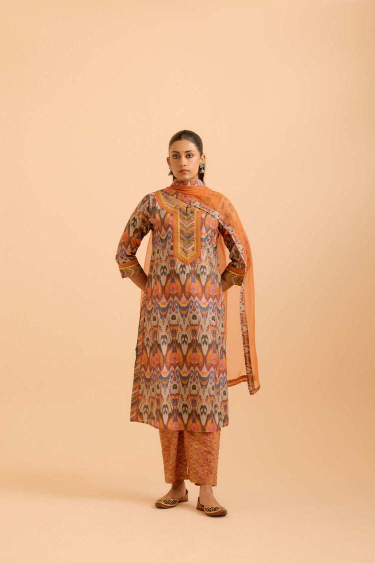 Rozana Chanderi Printed Kurta Beige Orange (Set Of 3)