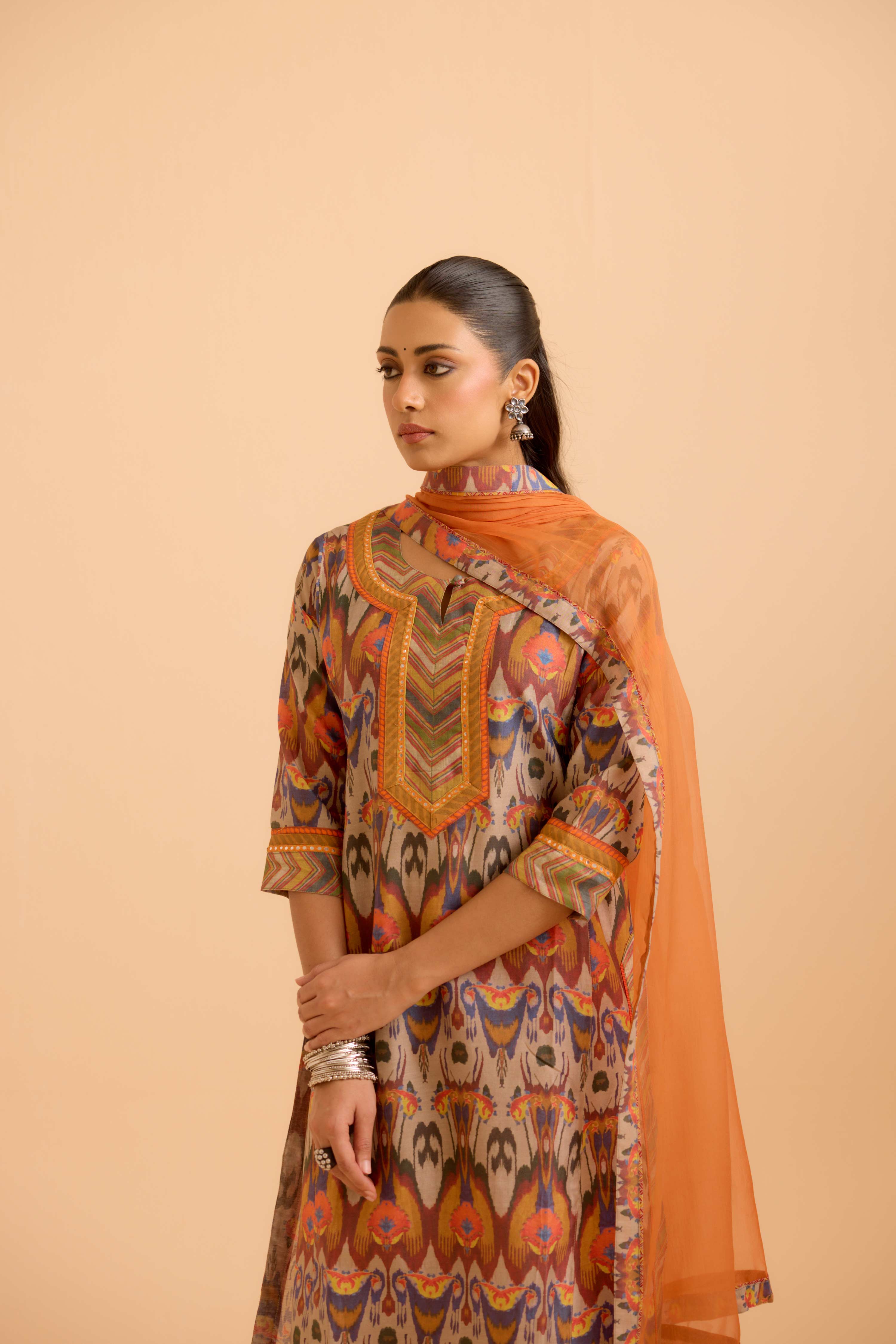 Rozana Chanderi Printed Kurta Beige Orange (Set Of 3)