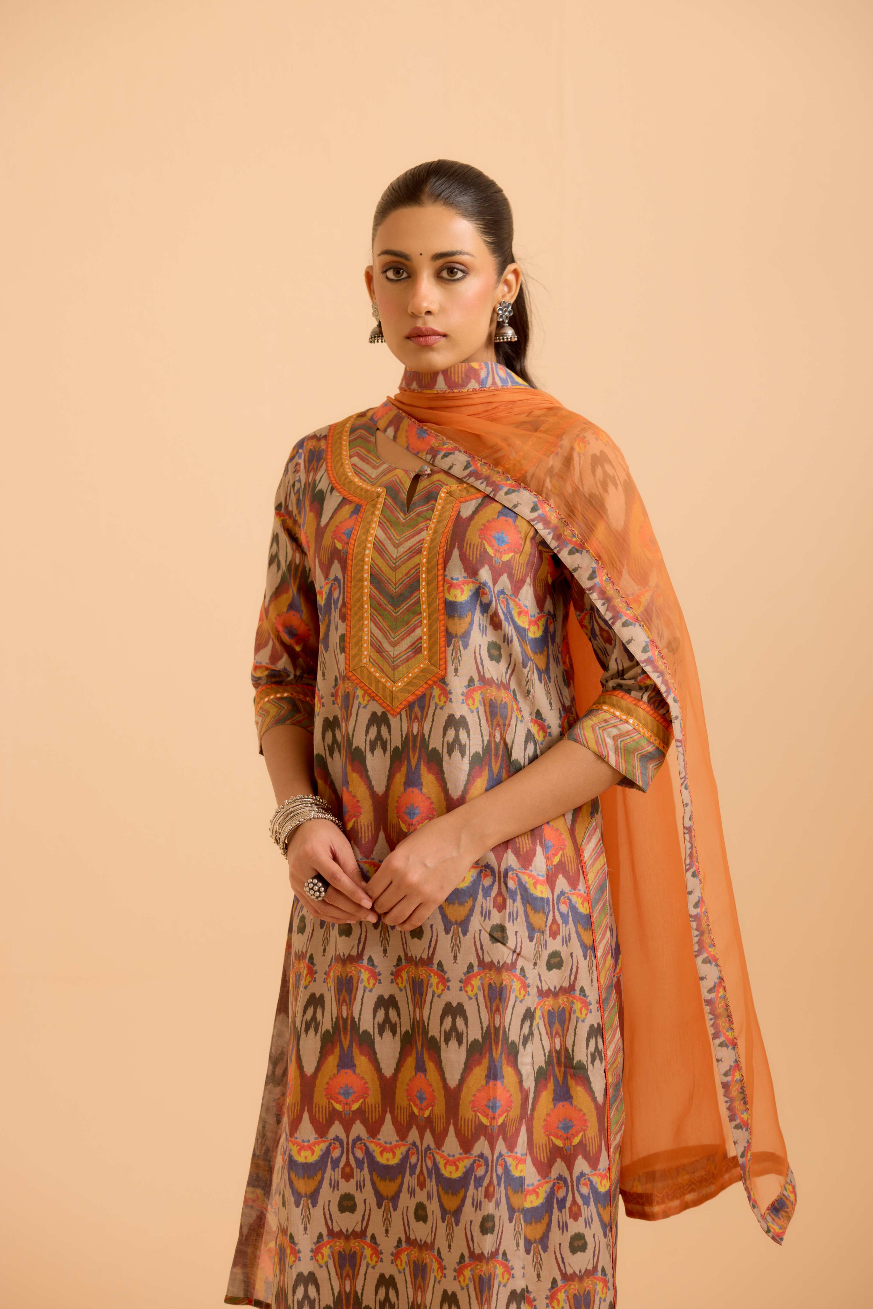 Rozana Chanderi Printed Kurta Beige Orange (Set Of 3)