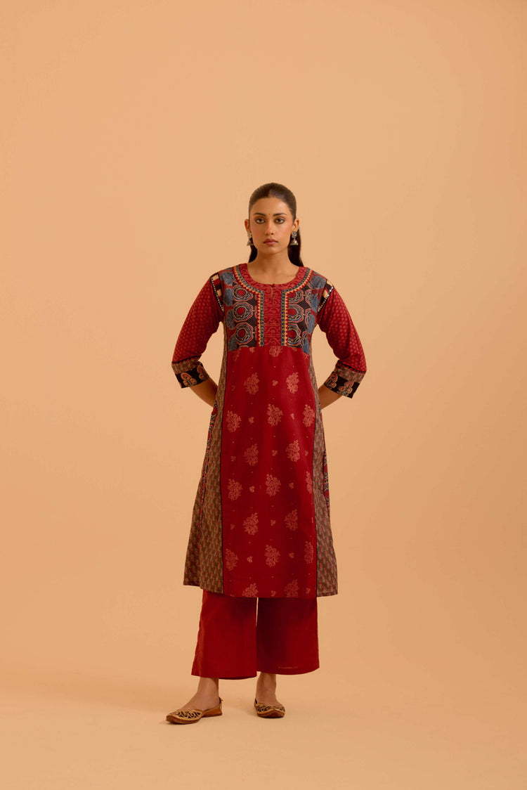 Rozana Cotton Ajrakh Printed Kurta Maroon (Set Of 3)