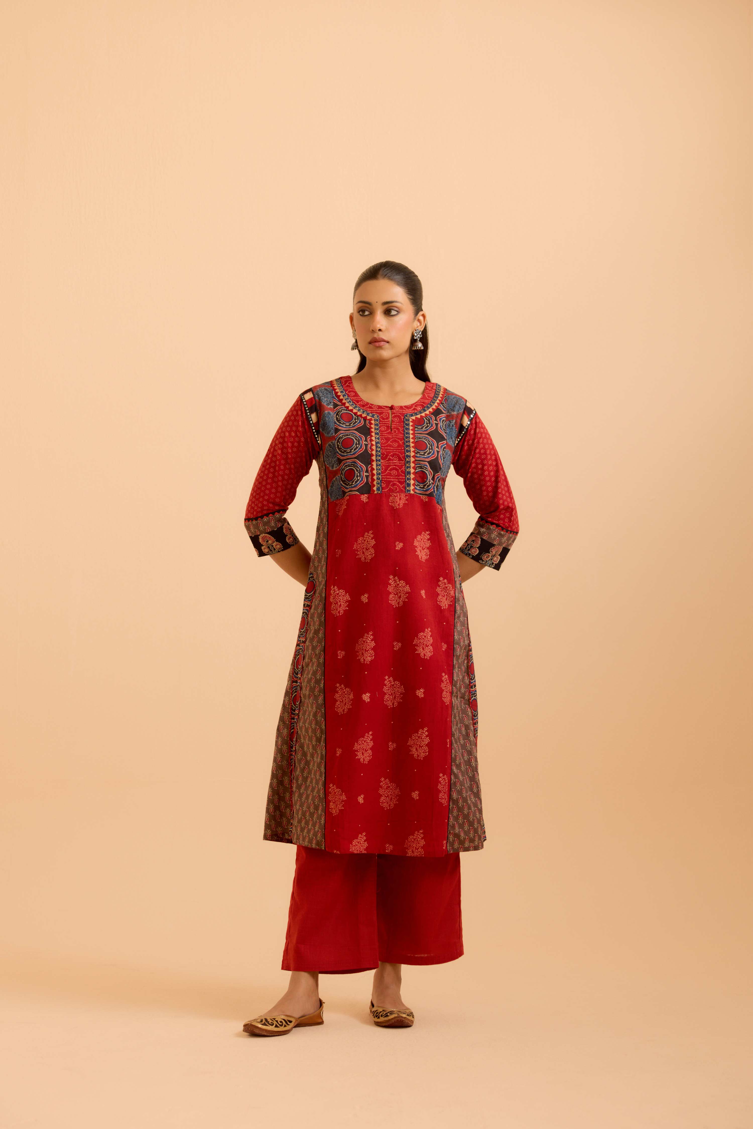Rozana Cotton Ajrakh Printed Kurta Maroon (Set Of 3)
