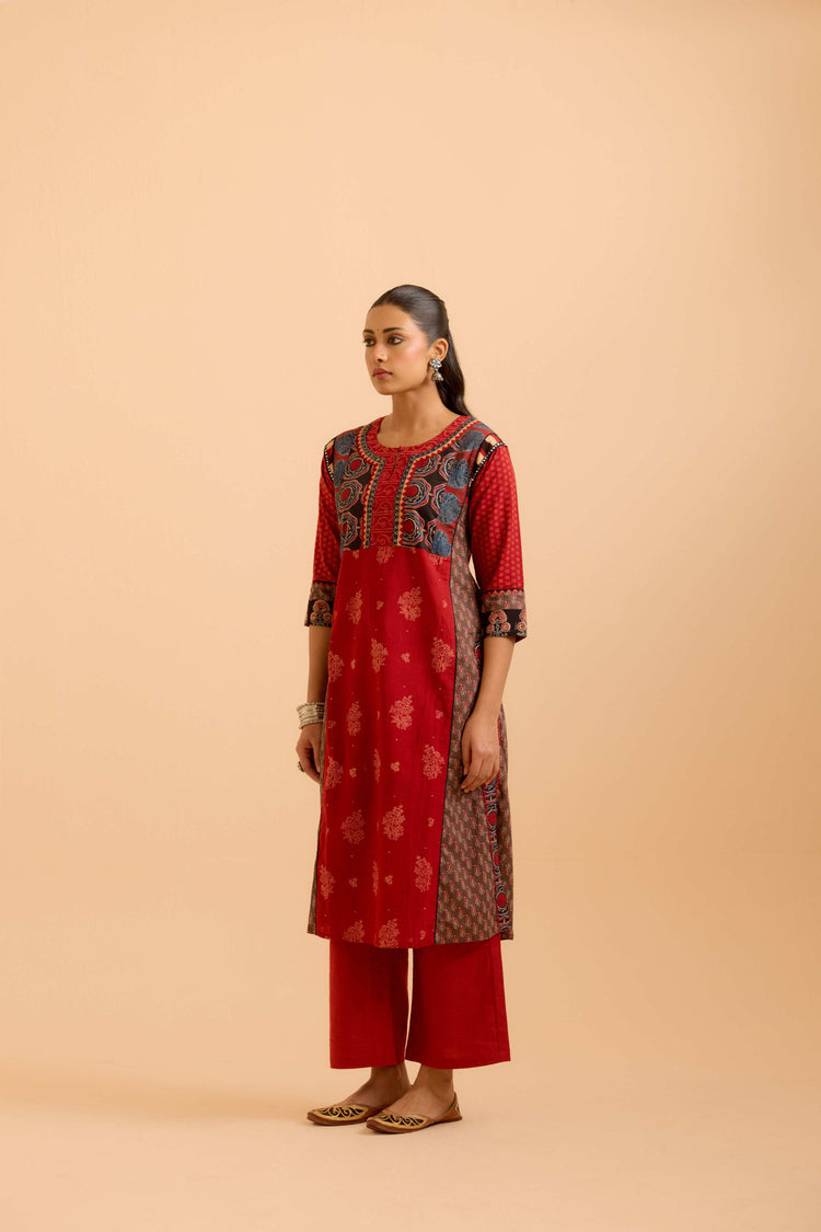 Rozana Cotton Ajrakh Printed Kurta Maroon (Set Of 3)