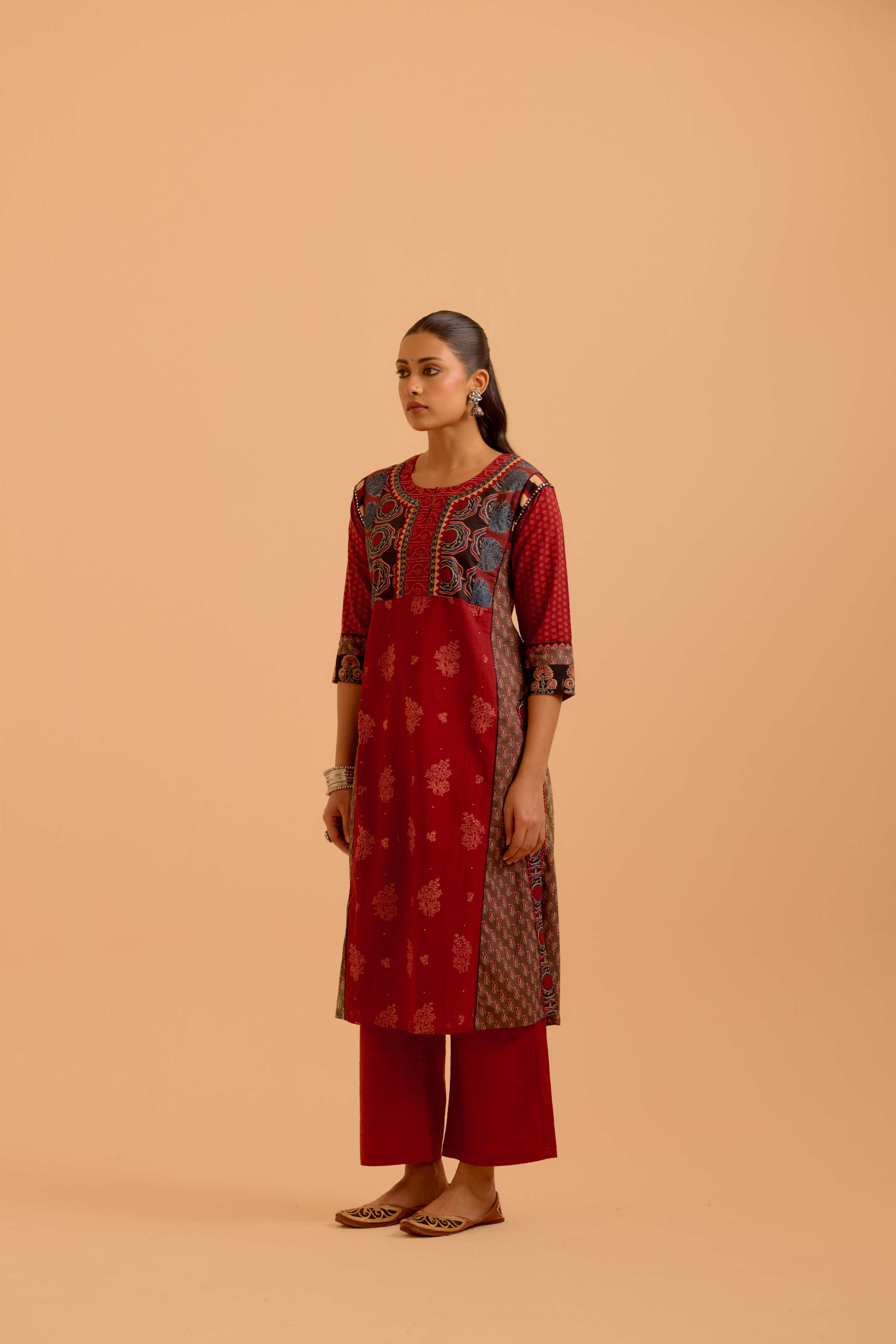 Rozana Cotton Ajrakh Printed Kurta Maroon (Set Of 3)