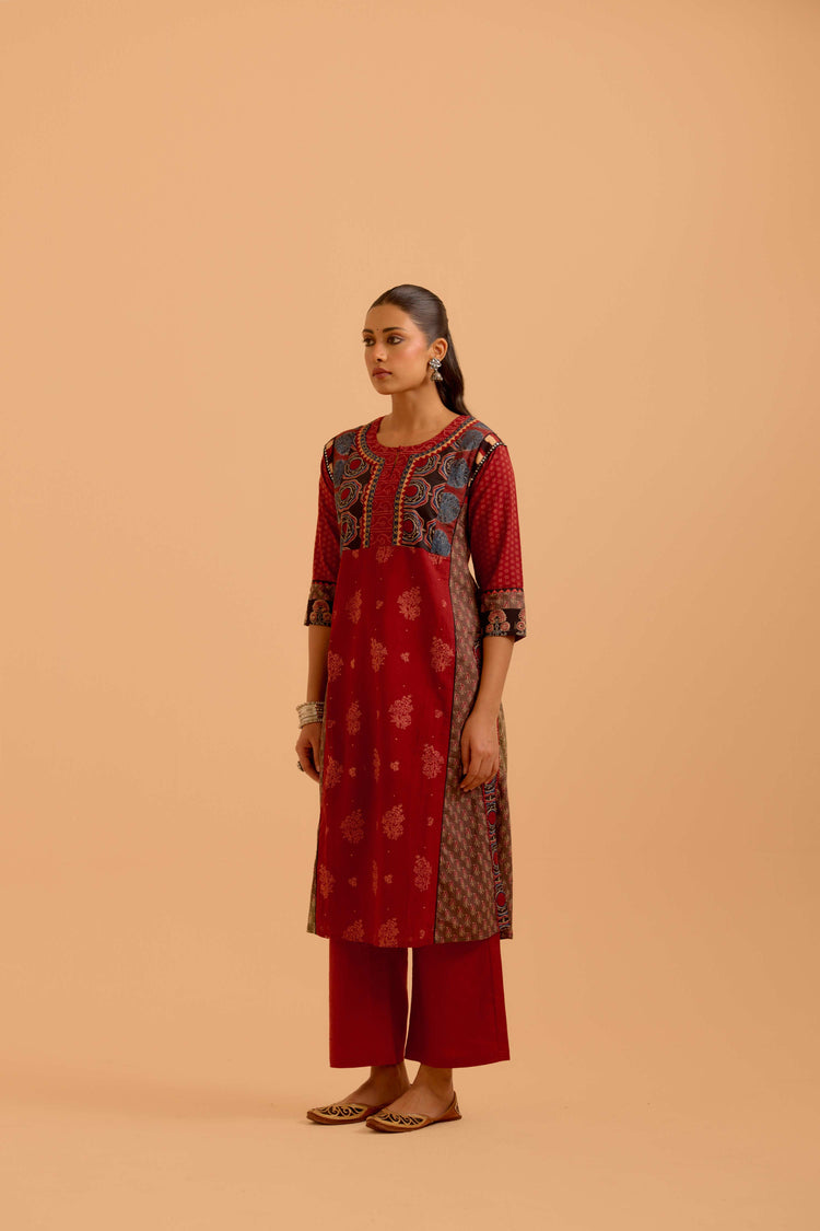 Rozana Cotton Ajrakh Printed Kurta Maroon (Set Of 3)