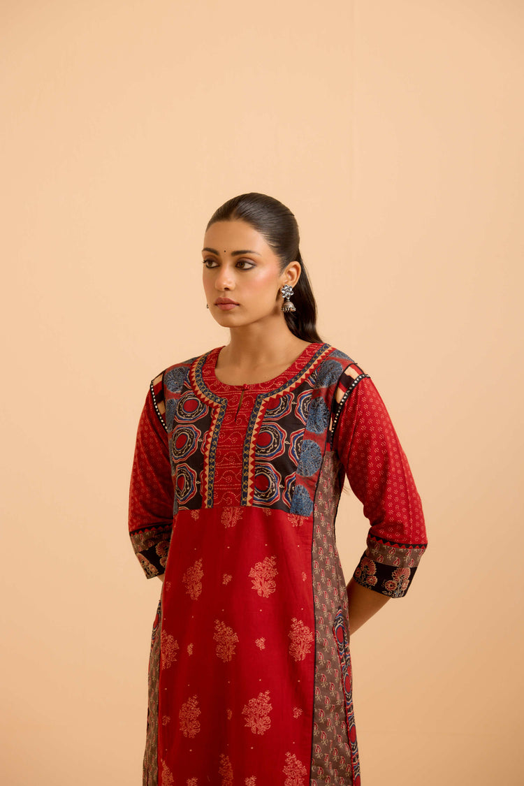 Rozana Cotton Ajrakh Printed Kurta Maroon (Set Of 3)