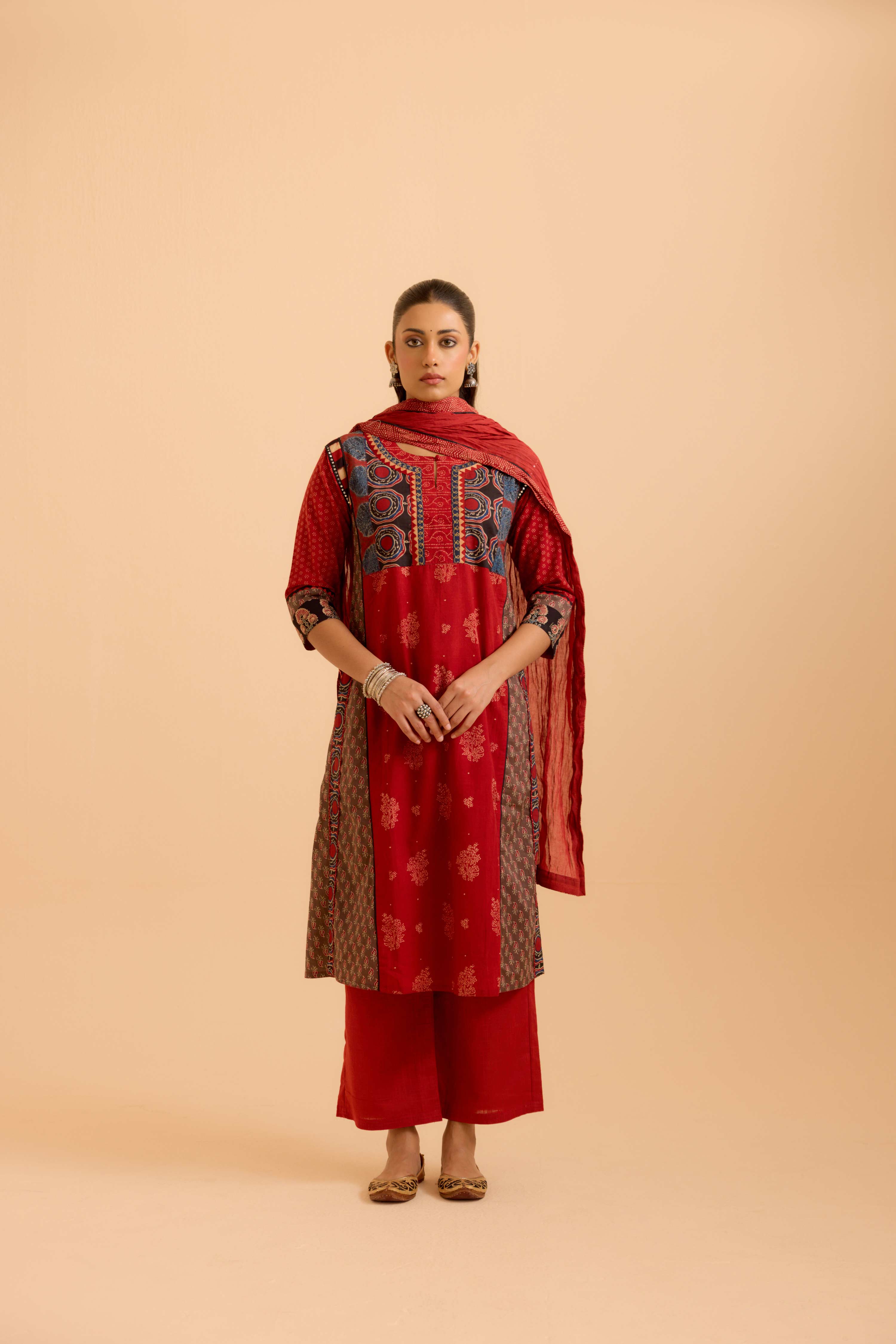 Rozana Cotton Ajrakh Printed Kurta Maroon (Set Of 3)