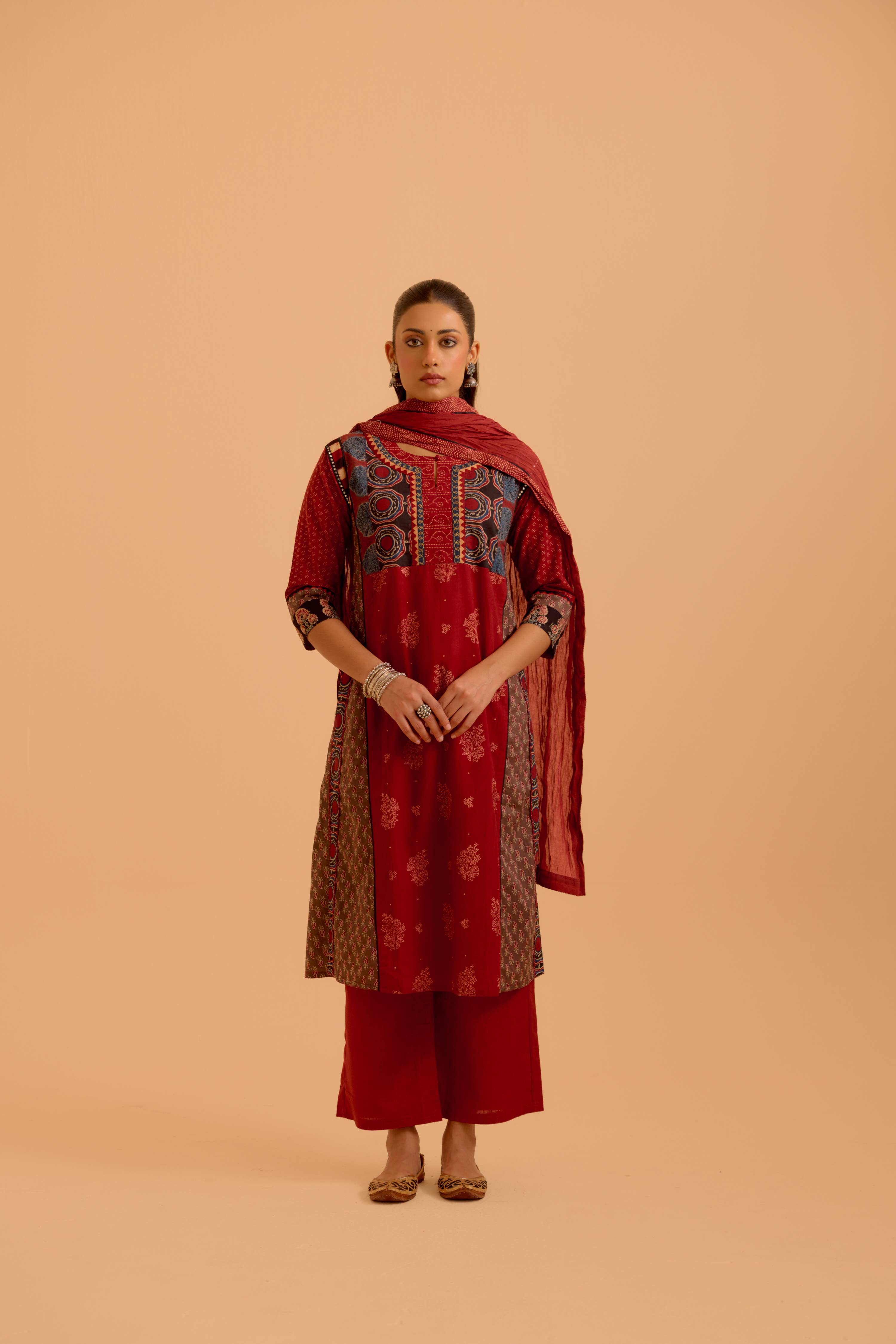 Rozana Cotton Ajrakh Printed Kurta Maroon (Set Of 3)