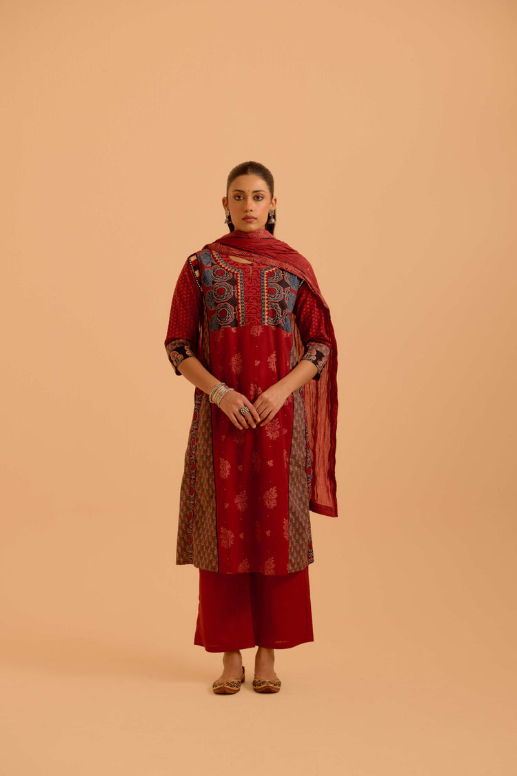 Rozana Cotton Ajrakh Printed Kurta Maroon (Set Of 3)