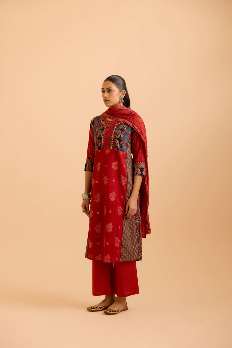 Rozana Cotton Ajrakh Printed Kurta Maroon (Set Of 3)