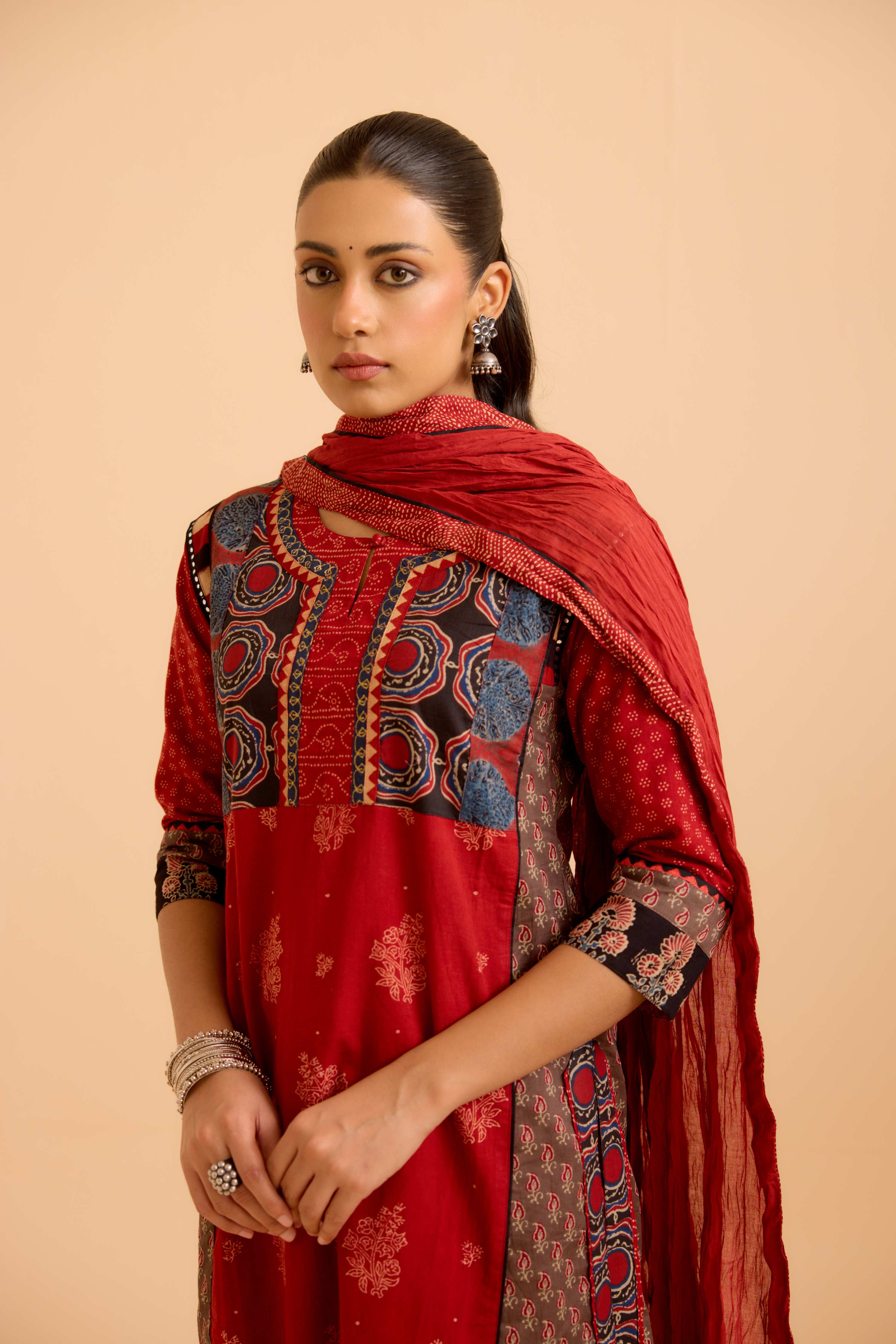 Rozana Cotton Ajrakh Printed Kurta Maroon (Set Of 3)