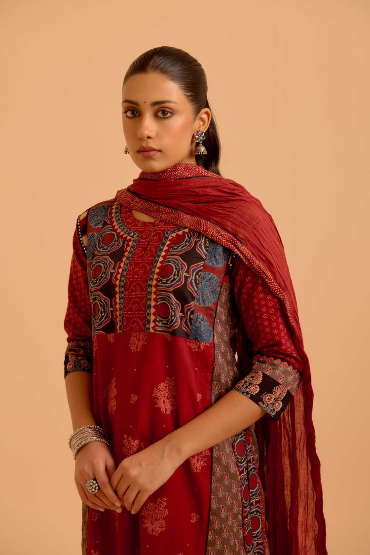 Rozana Cotton Ajrakh Printed Kurta Maroon (Set Of 3)