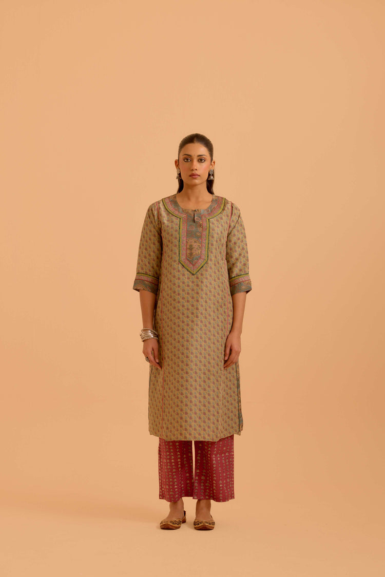 Rozana Silk Printed Kurta Beige Pink (Set Of 3)