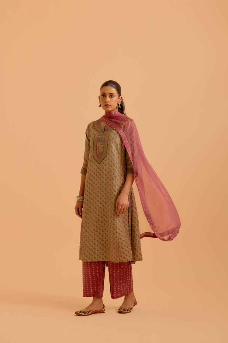 Rozana Silk Printed Kurta Beige Pink (Set Of 3)