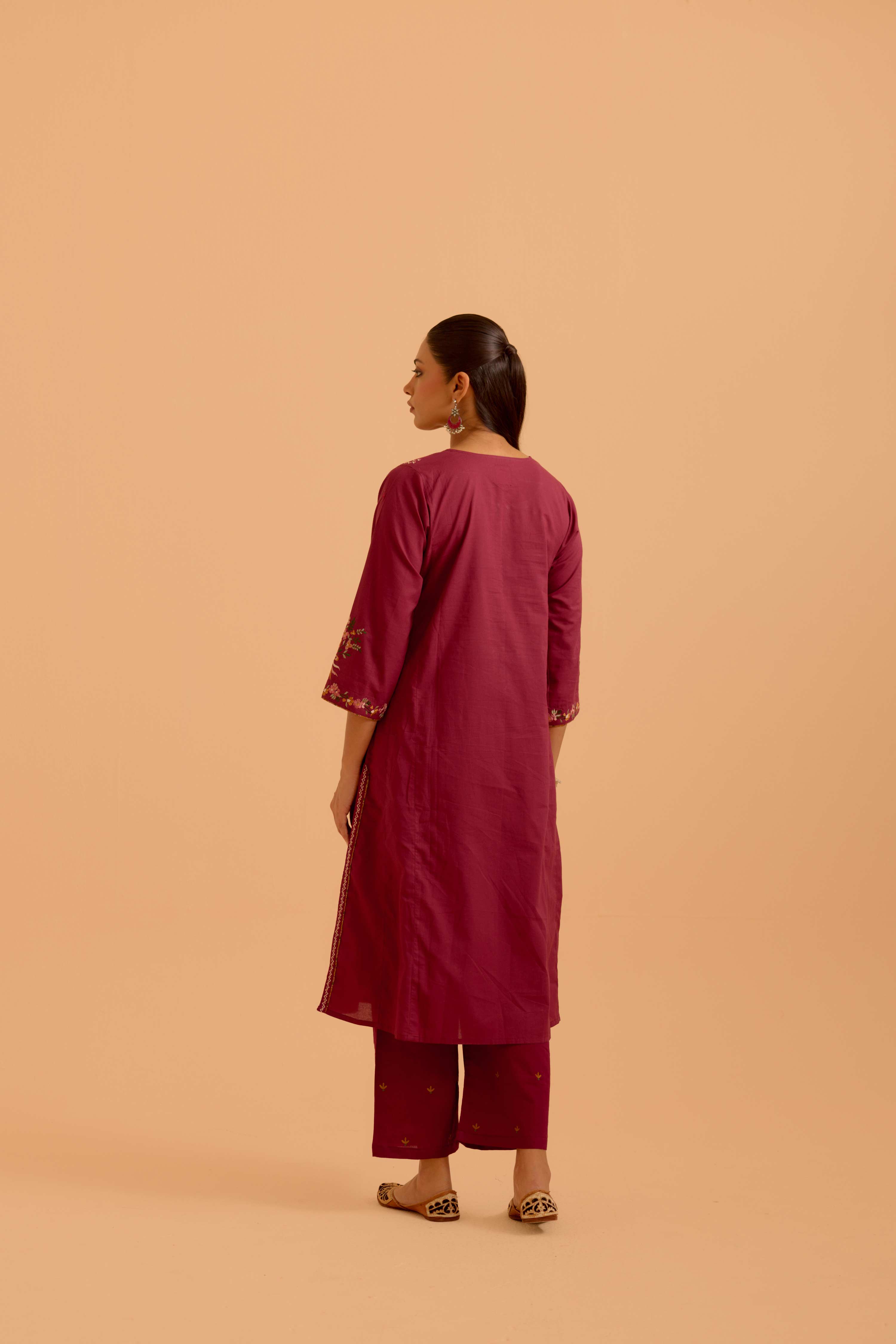 Tulsi Cotton Embroidered Kurta Mauve (Set Of 3)