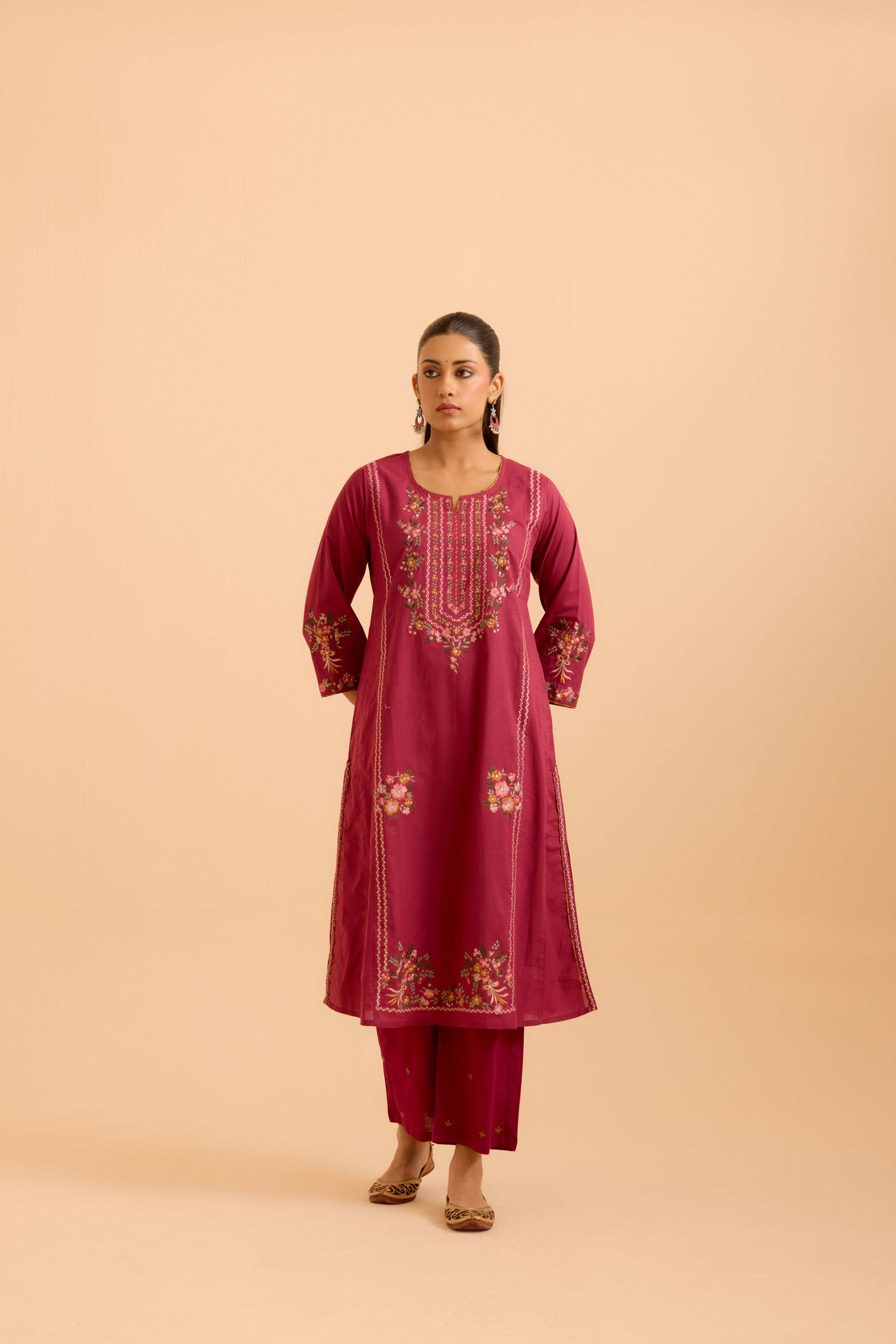 Tulsi Cotton Embroidered Kurta Mauve (Set Of 3)