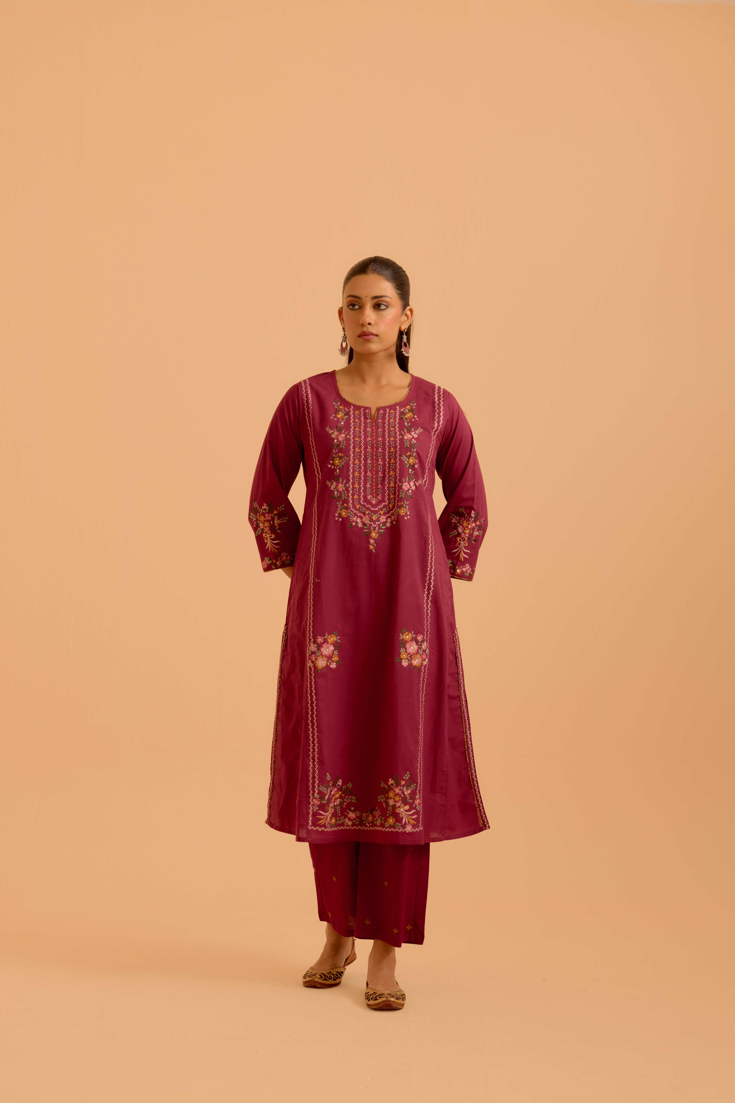 Tulsi Cotton Embroidered Kurta Mauve (Set Of 3)