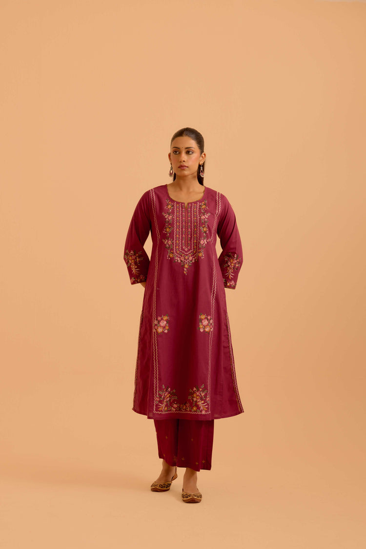 Tulsi Cotton Embroidered Kurta Mauve (Set Of 3)