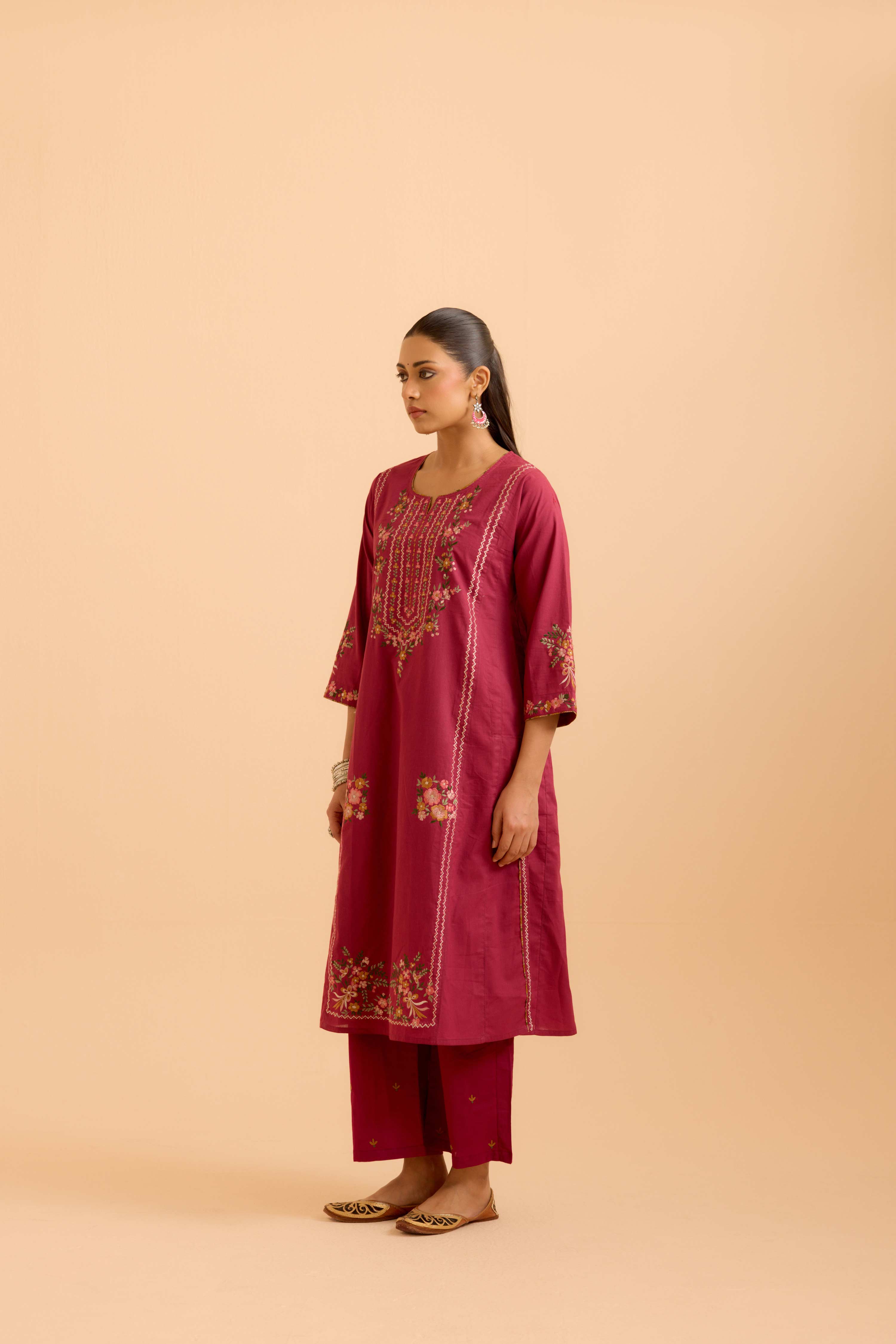 Tulsi Cotton Embroidered Kurta Mauve (Set Of 3)