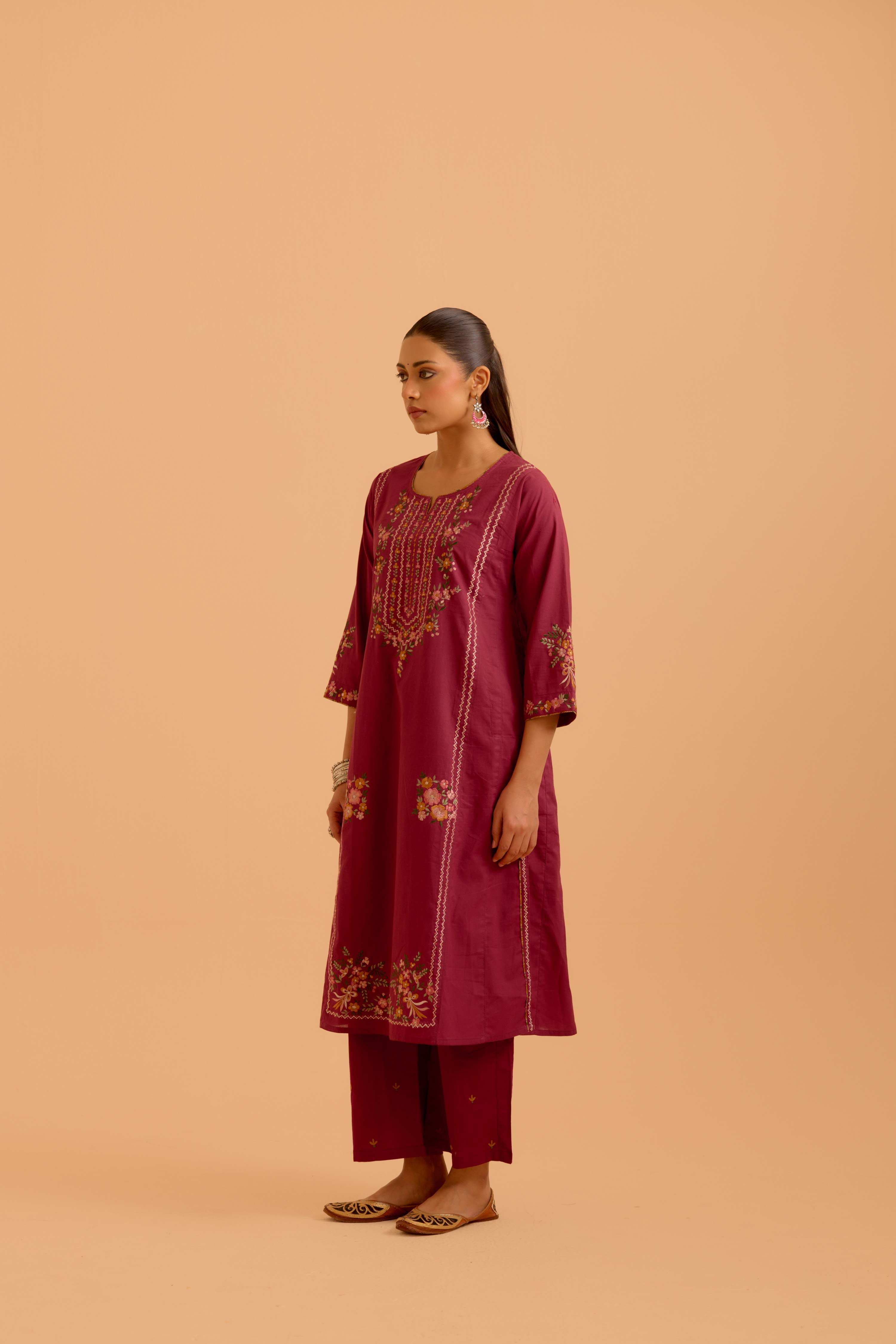 Tulsi Cotton Embroidered Kurta Mauve (Set Of 3)