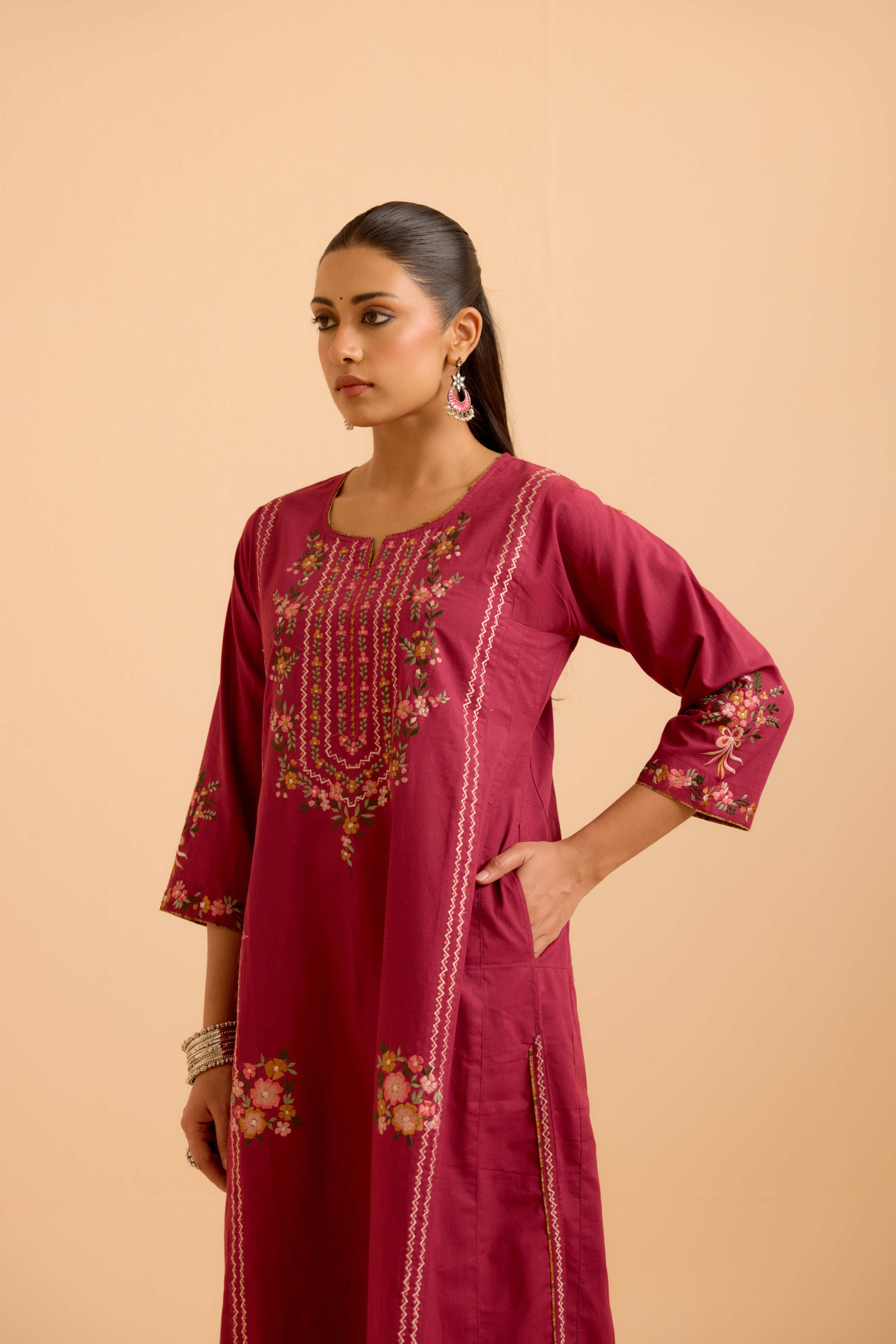 Tulsi Cotton Embroidered Kurta Mauve (Set Of 3)