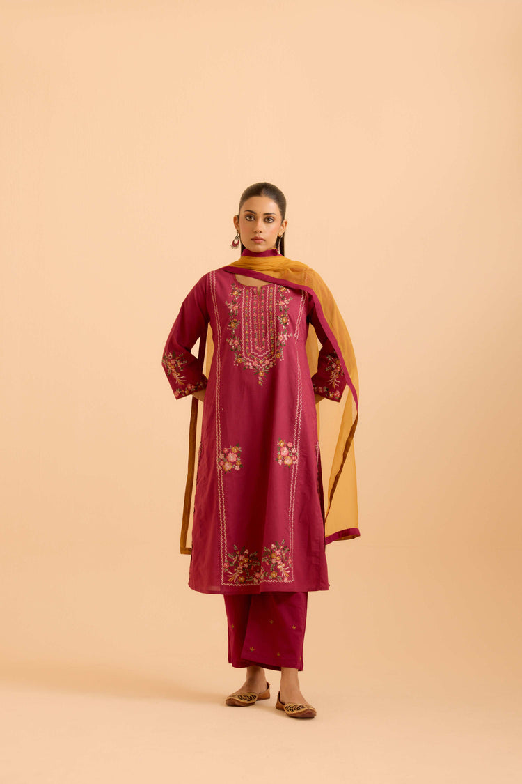 Tulsi Cotton Embroidered Kurta Mauve (Set Of 3)