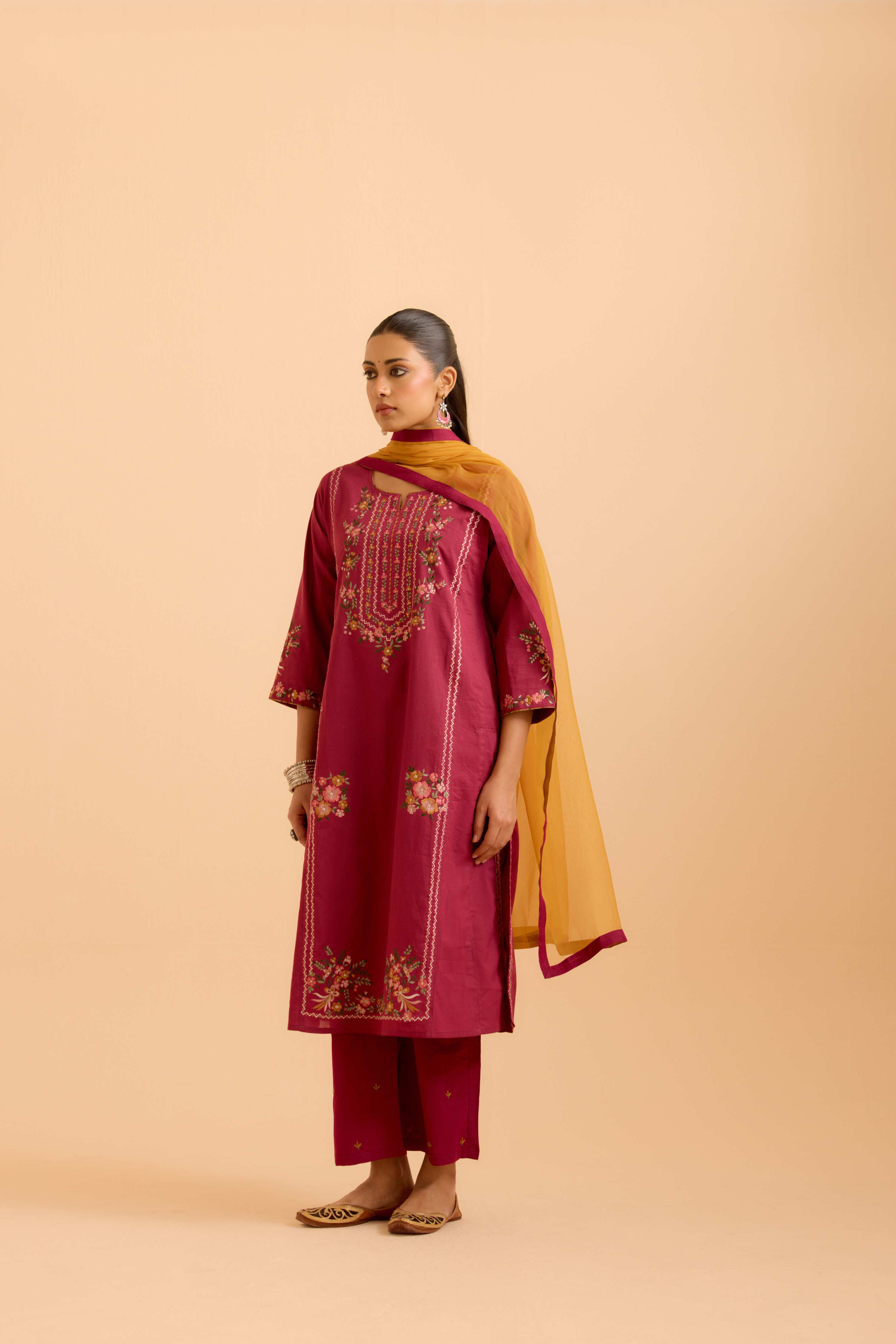 Tulsi Cotton Embroidered Kurta Mauve (Set Of 3)
