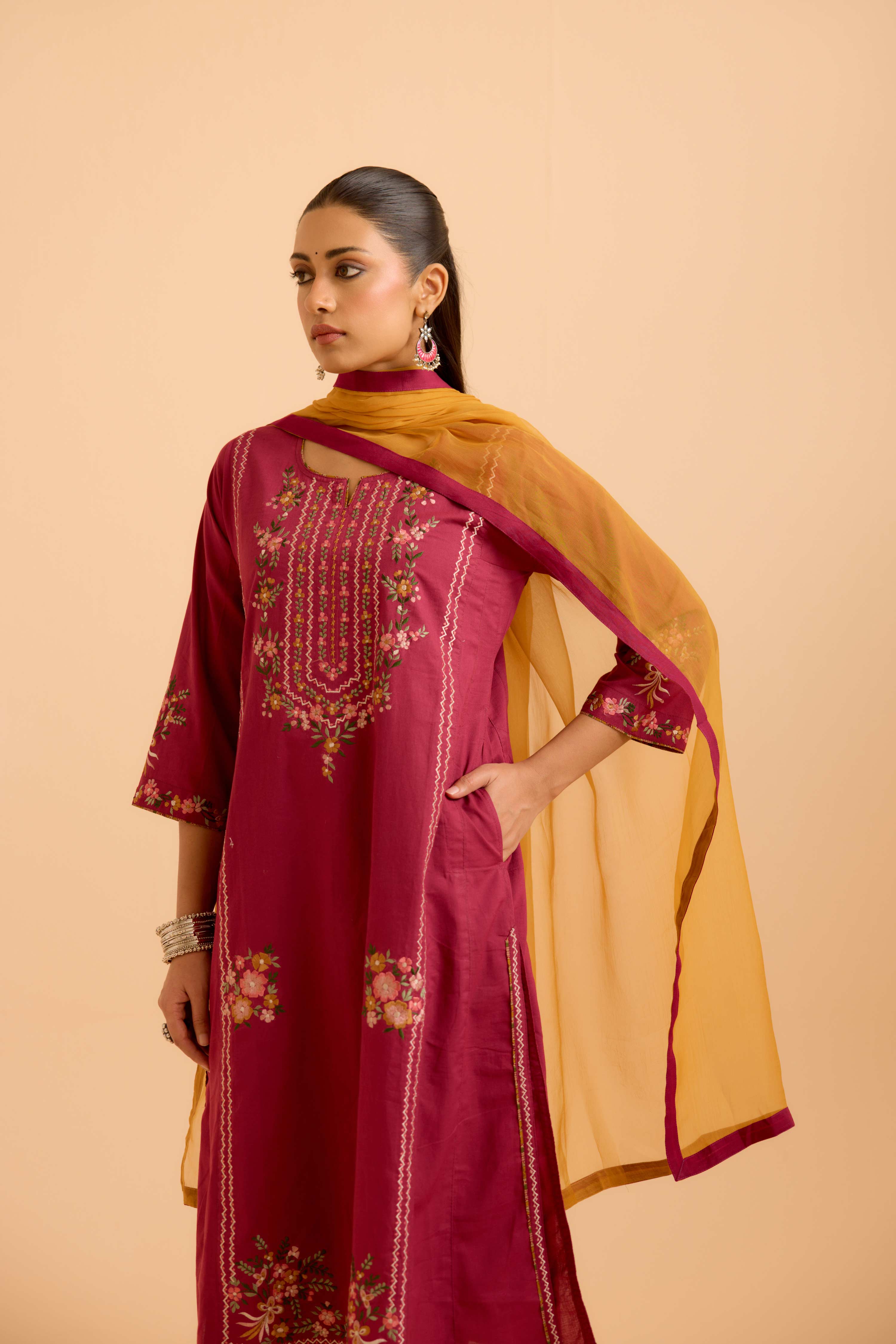 Tulsi Cotton Embroidered Kurta Mauve (Set Of 3)