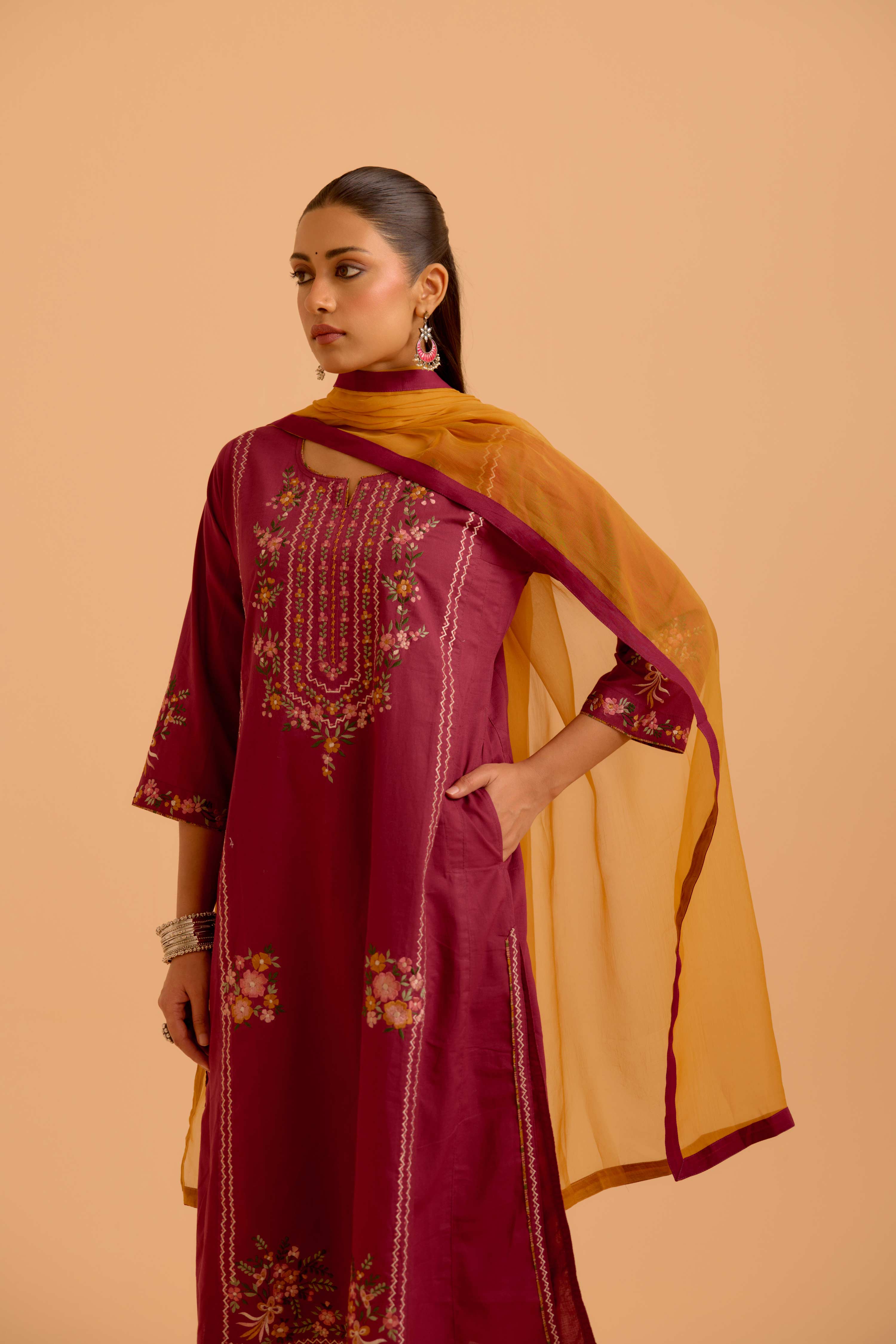 Tulsi Cotton Embroidered Kurta Mauve (Set Of 3)