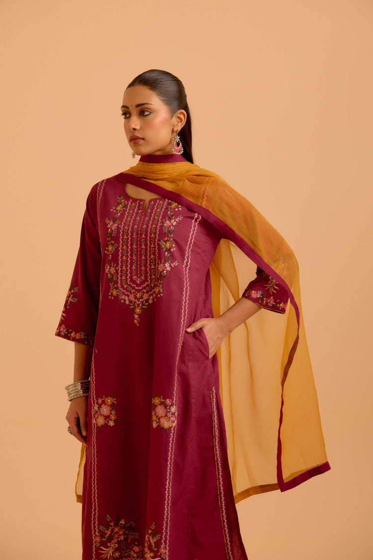 Tulsi Cotton Embroidered Kurta Mauve (Set Of 3)