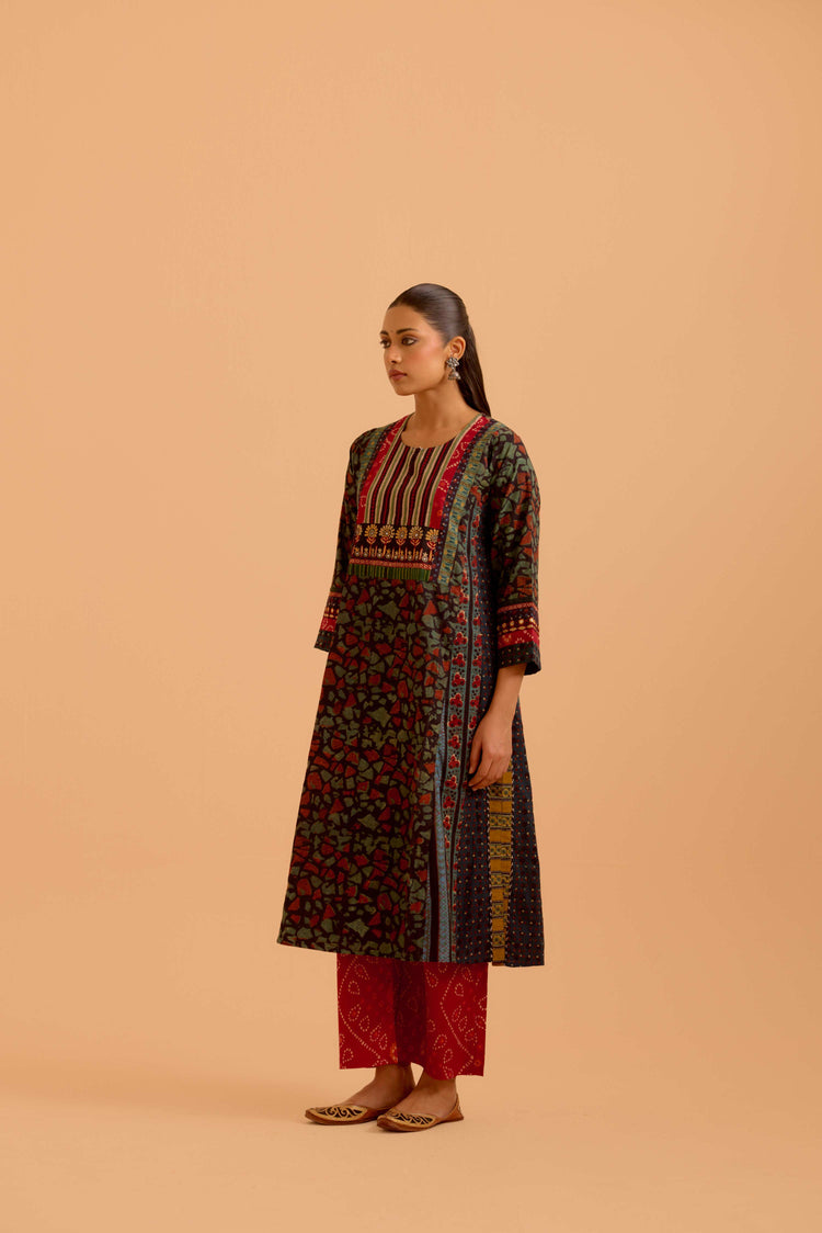 Adya Cotton Vanaspati Printed Kurta Black Green (Set Of 3)