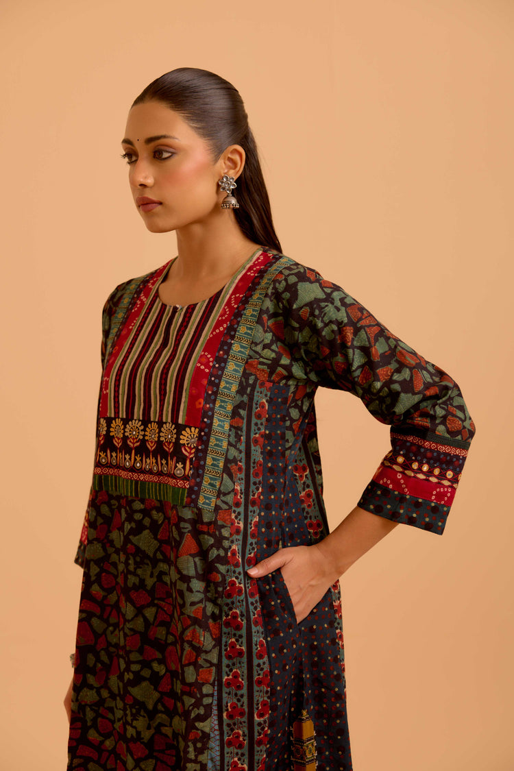 Adya Cotton Vanaspati Printed Kurta Black Green (Set Of 3)