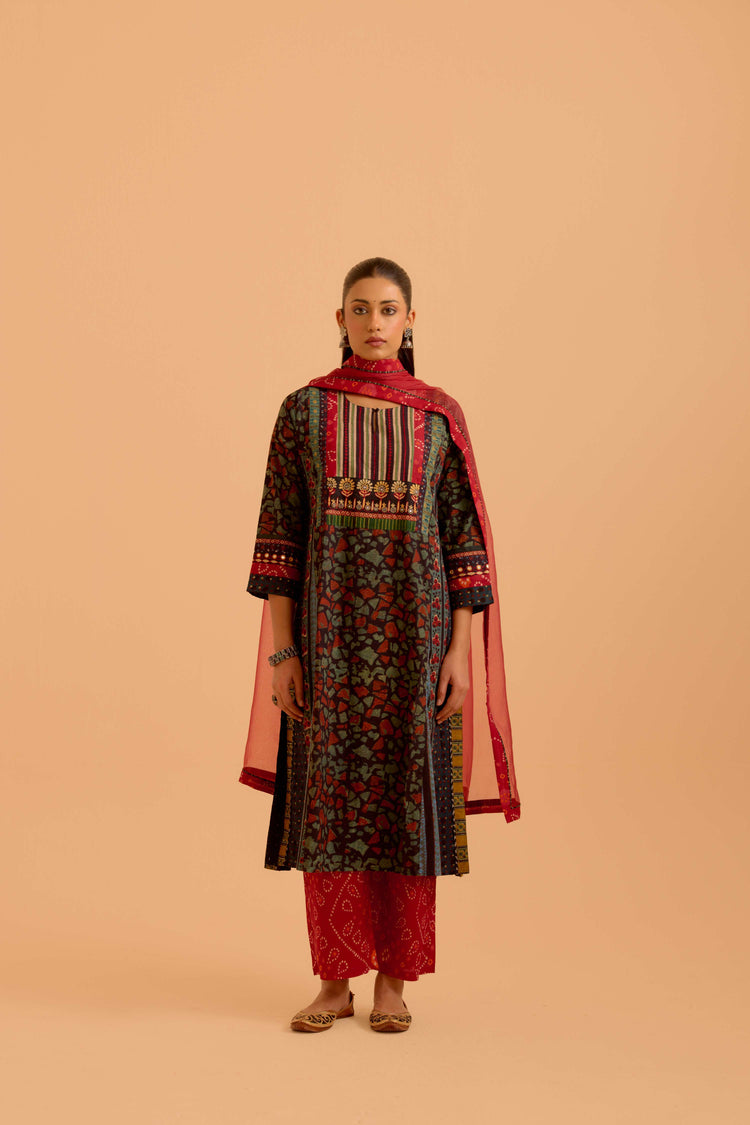 Adya Cotton Vanaspati Printed Kurta Black Green (Set Of 3)