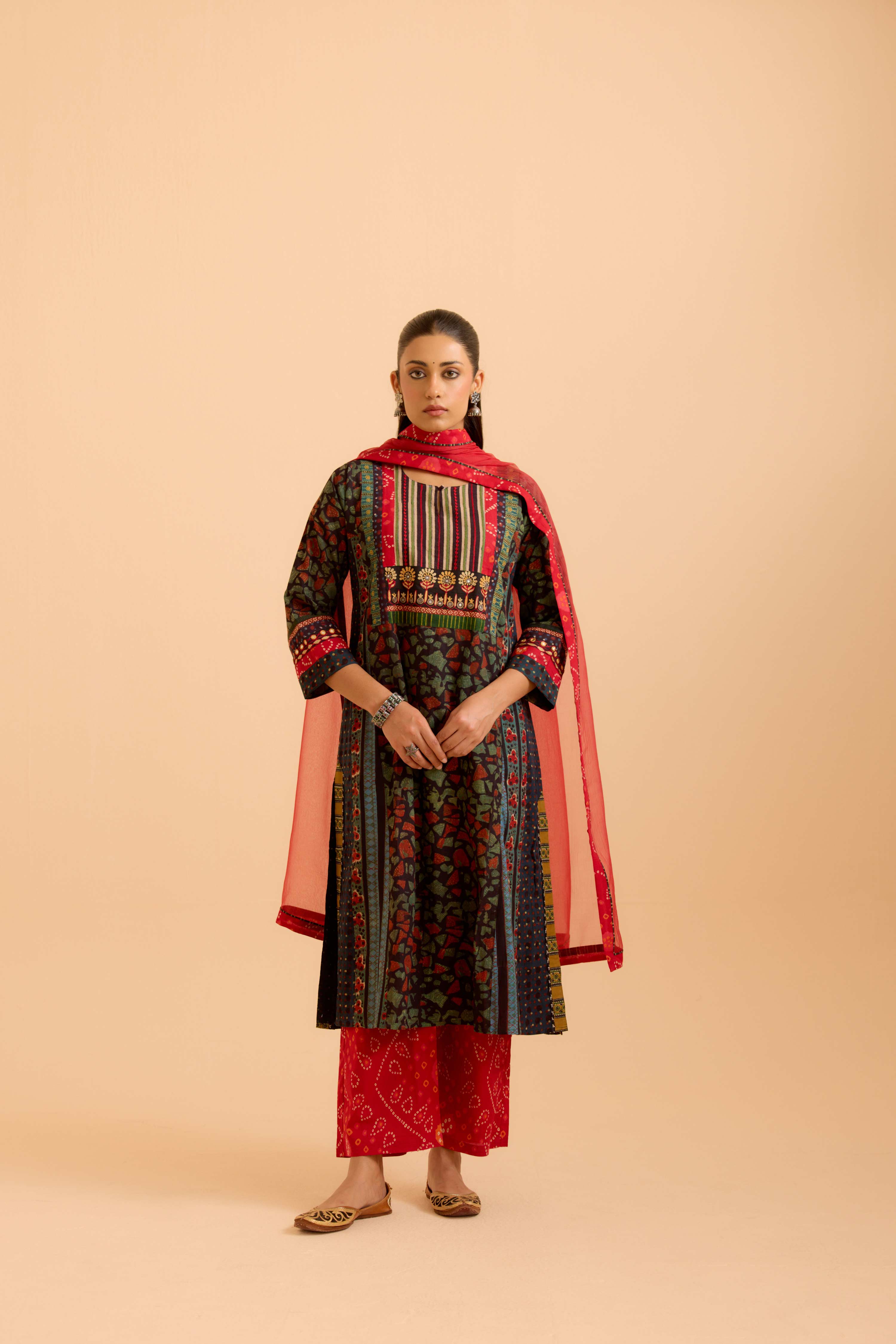 Adya Cotton Vanaspati Printed Kurta Black Green (Set Of 3)