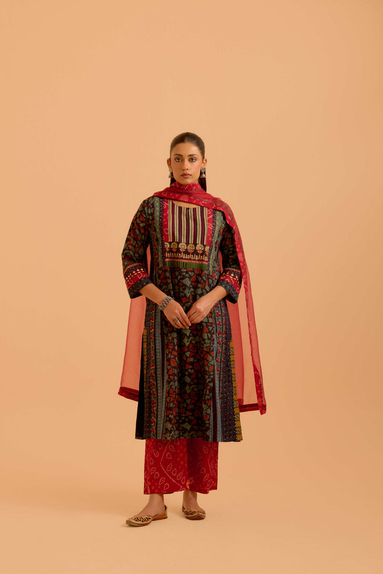 Adya Cotton Vanaspati Printed Kurta Black Green (Set Of 3)