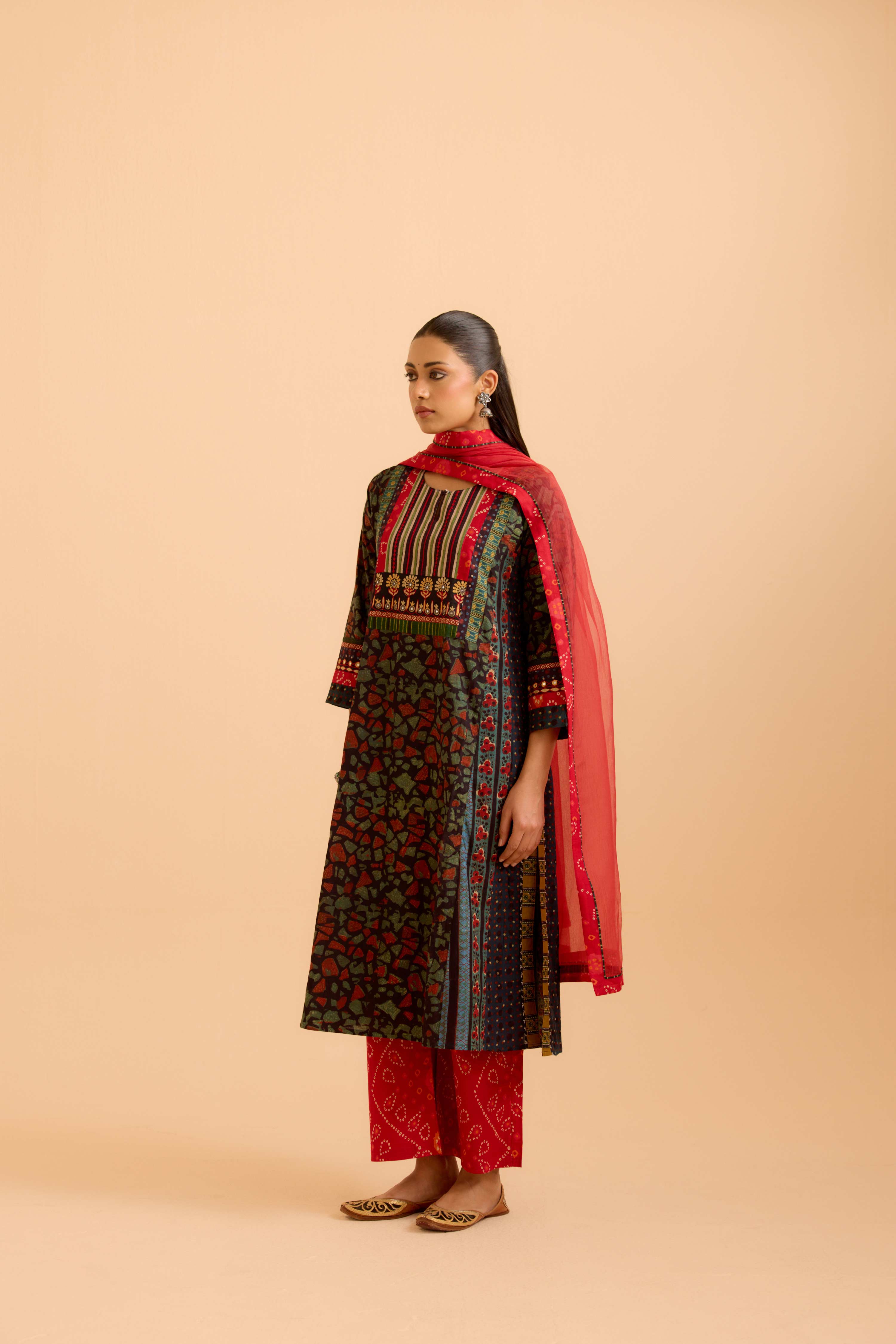 Adya Cotton Vanaspati Printed Kurta Black Green (Set Of 3)