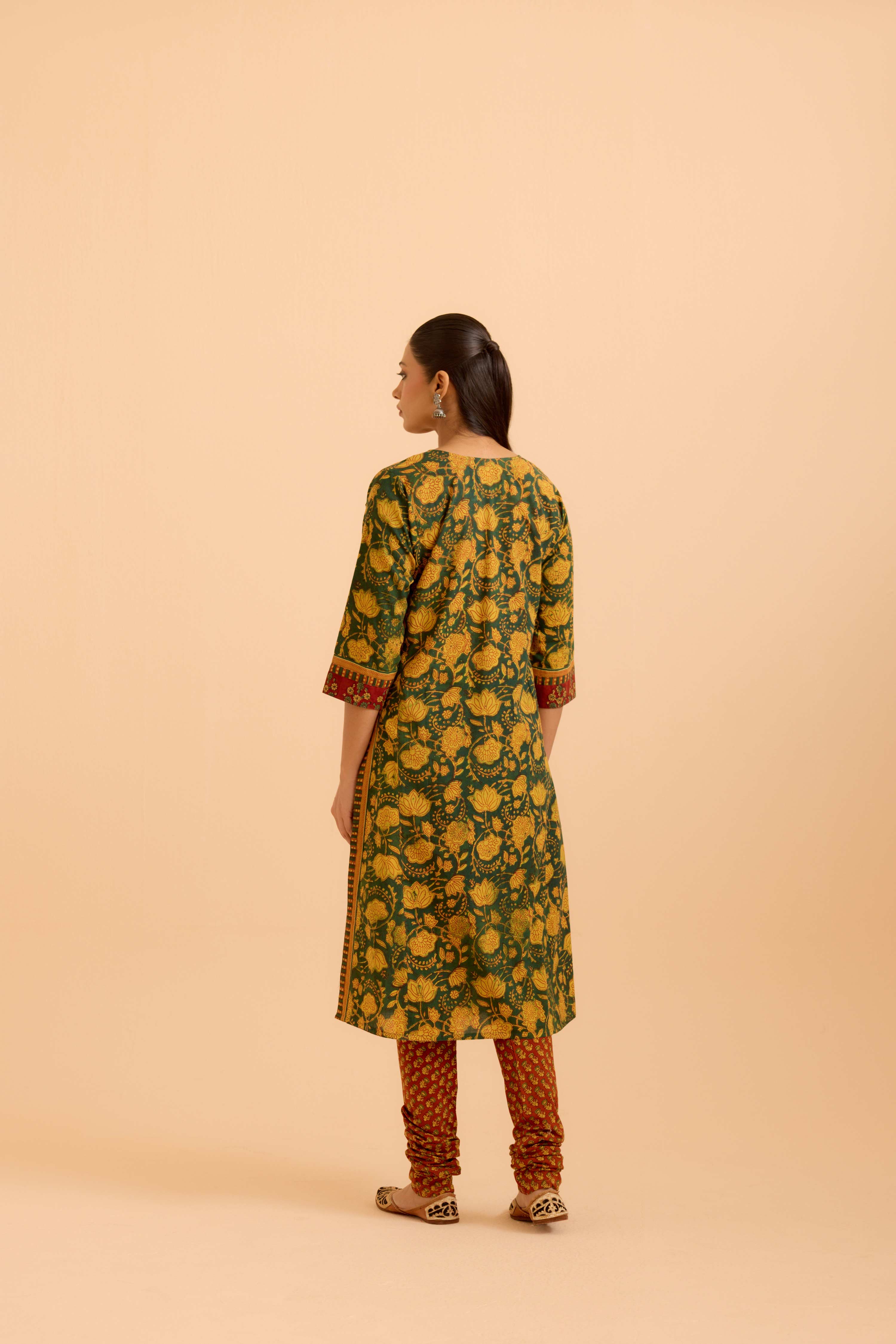Rozana Cotton Printed Kurta Green Mustard (Set Of 3)