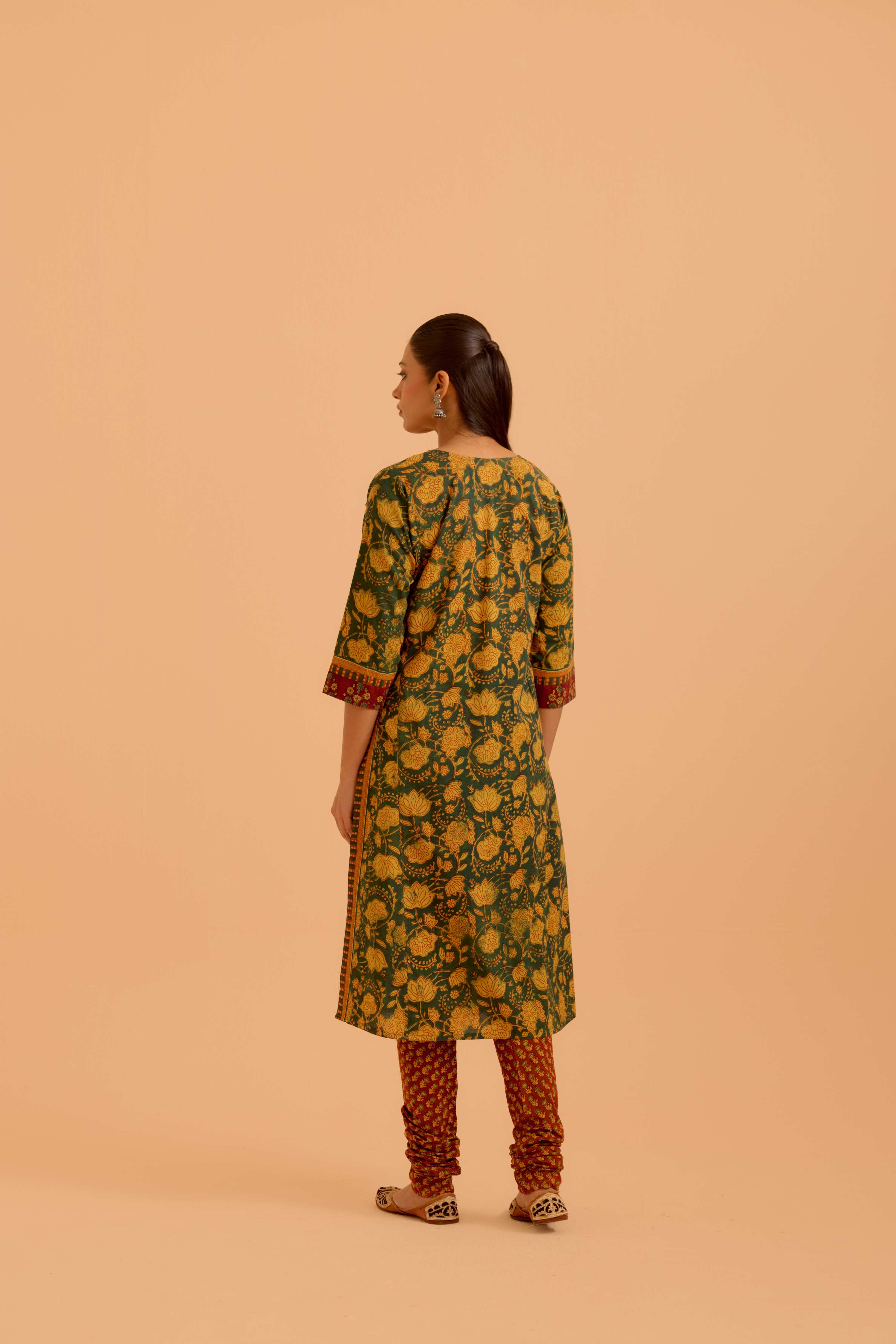 Rozana Cotton Printed Kurta Green Mustard (Set Of 3)