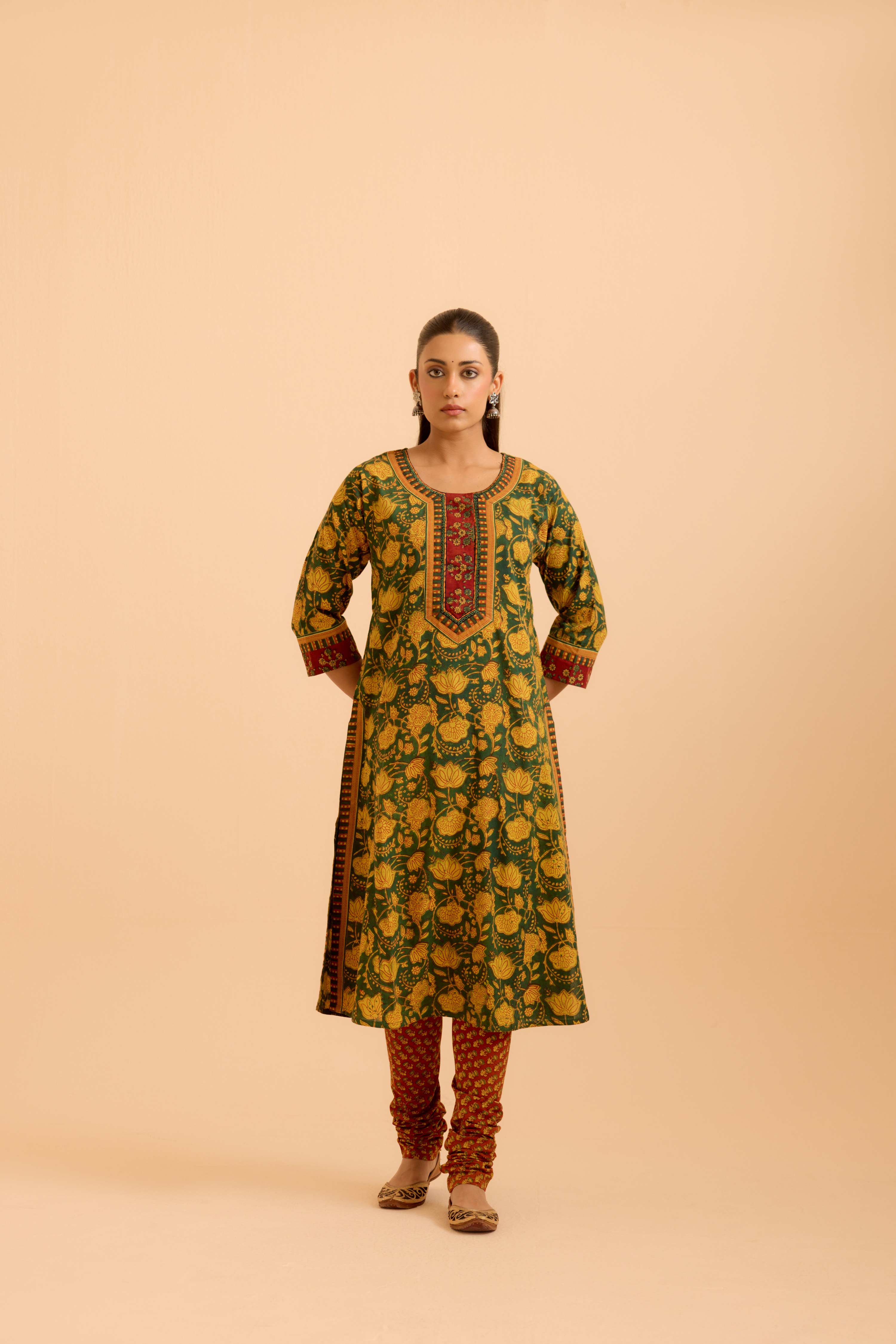 Rozana Cotton Printed Kurta Green Mustard (Set Of 3)