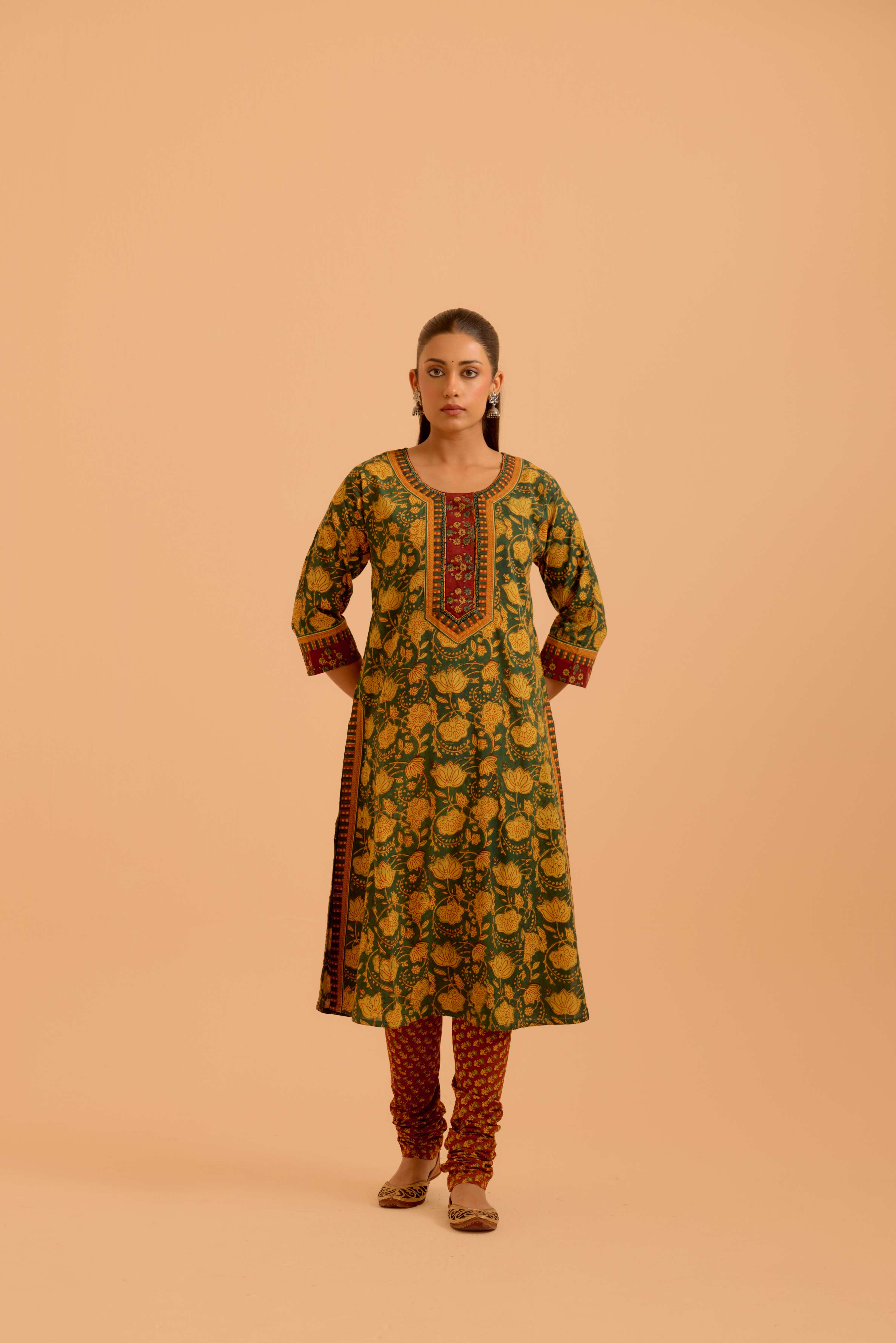 Rozana Cotton Printed Kurta Green Mustard (Set Of 3)