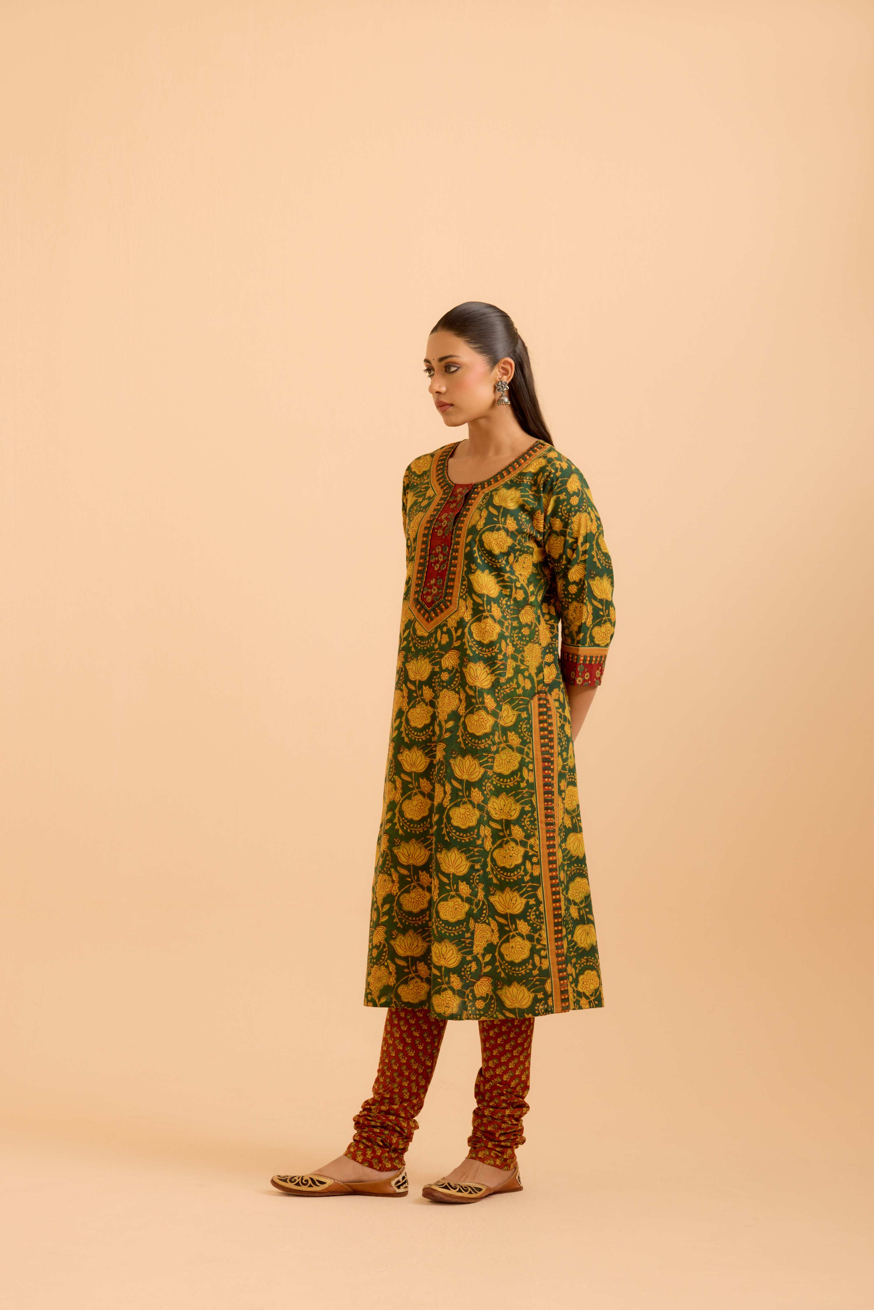 Rozana Cotton Printed Kurta Green Mustard (Set Of 3)