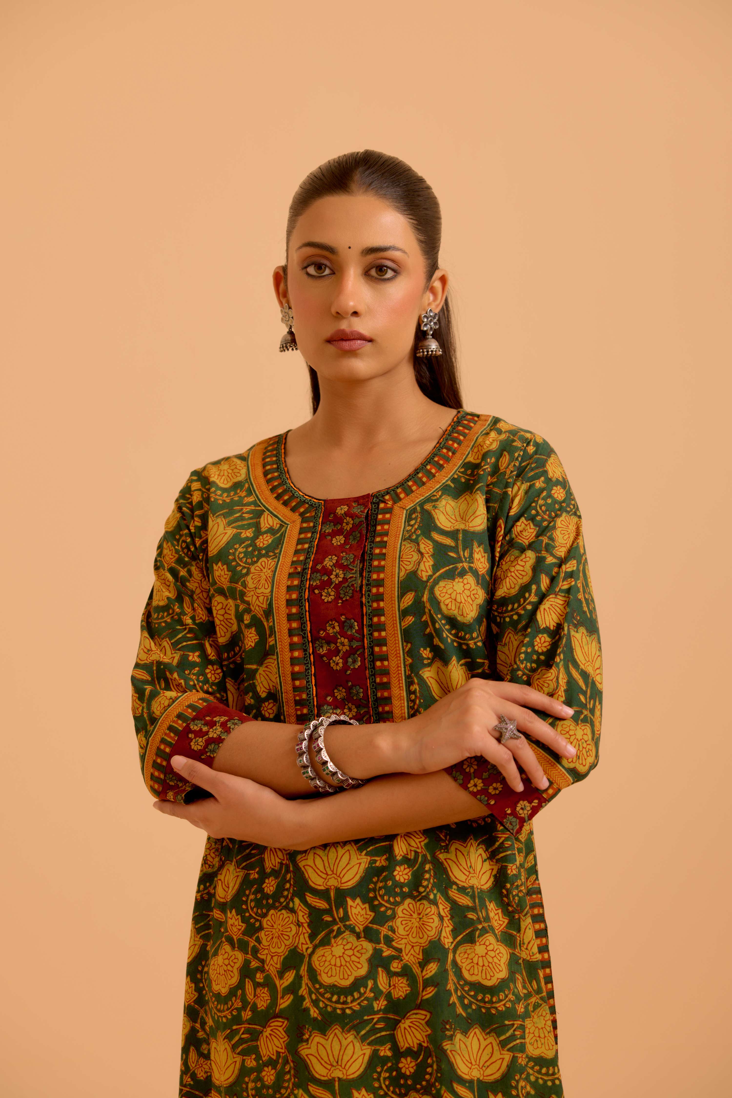Rozana Cotton Printed Kurta Green Mustard (Set Of 3)