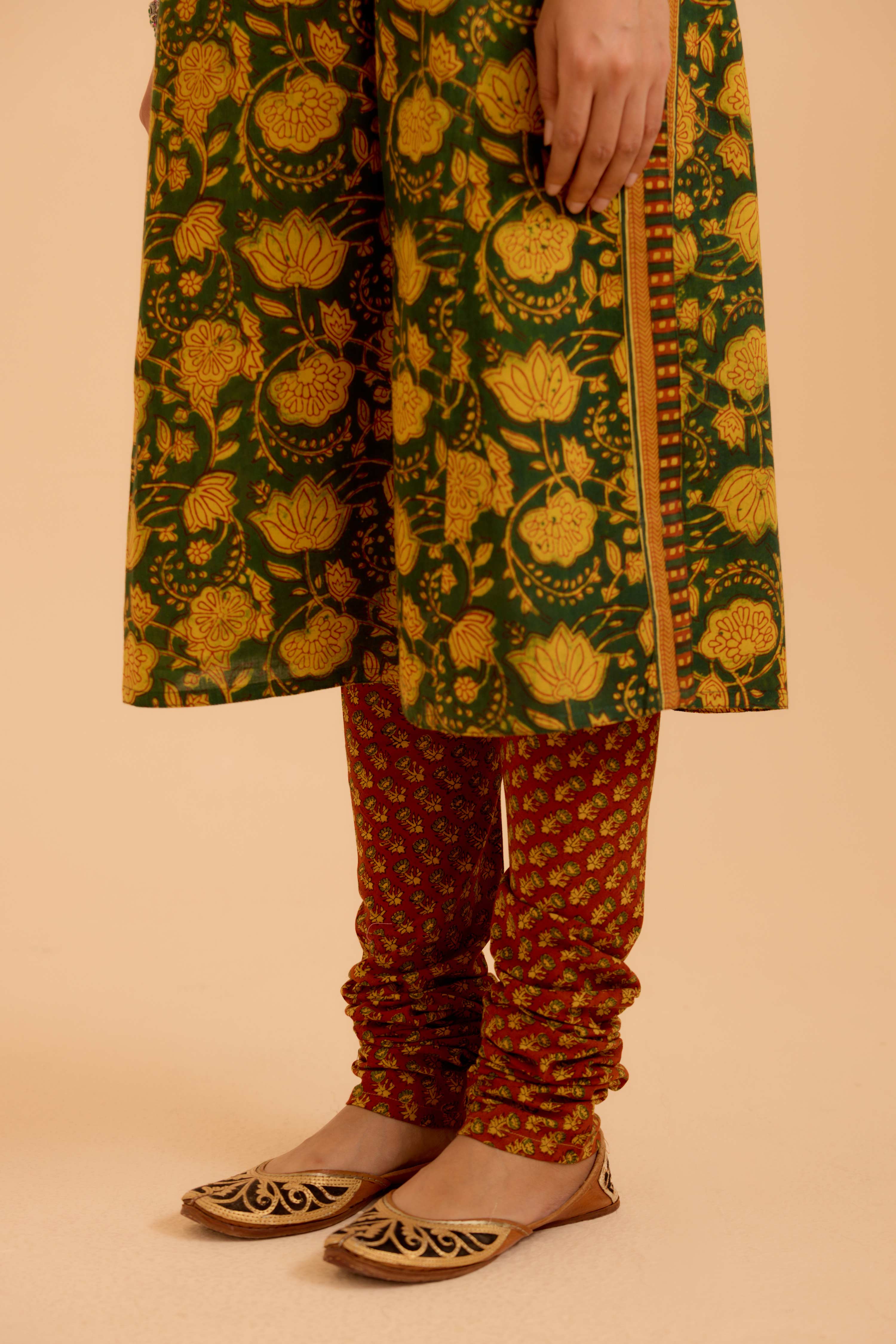 Rozana Cotton Printed Kurta Green Mustard (Set Of 3)