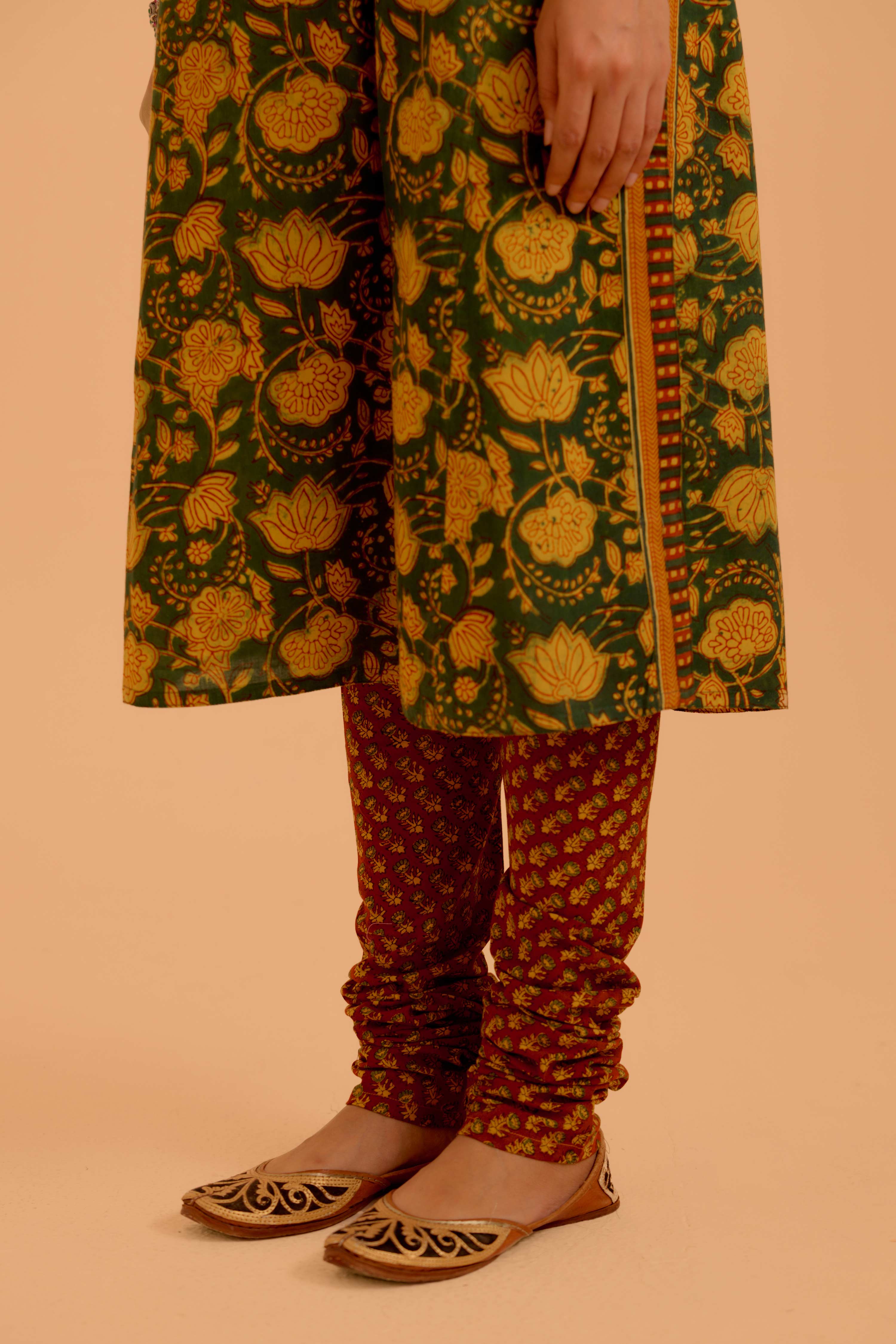 Rozana Cotton Printed Kurta Green Mustard (Set Of 3)