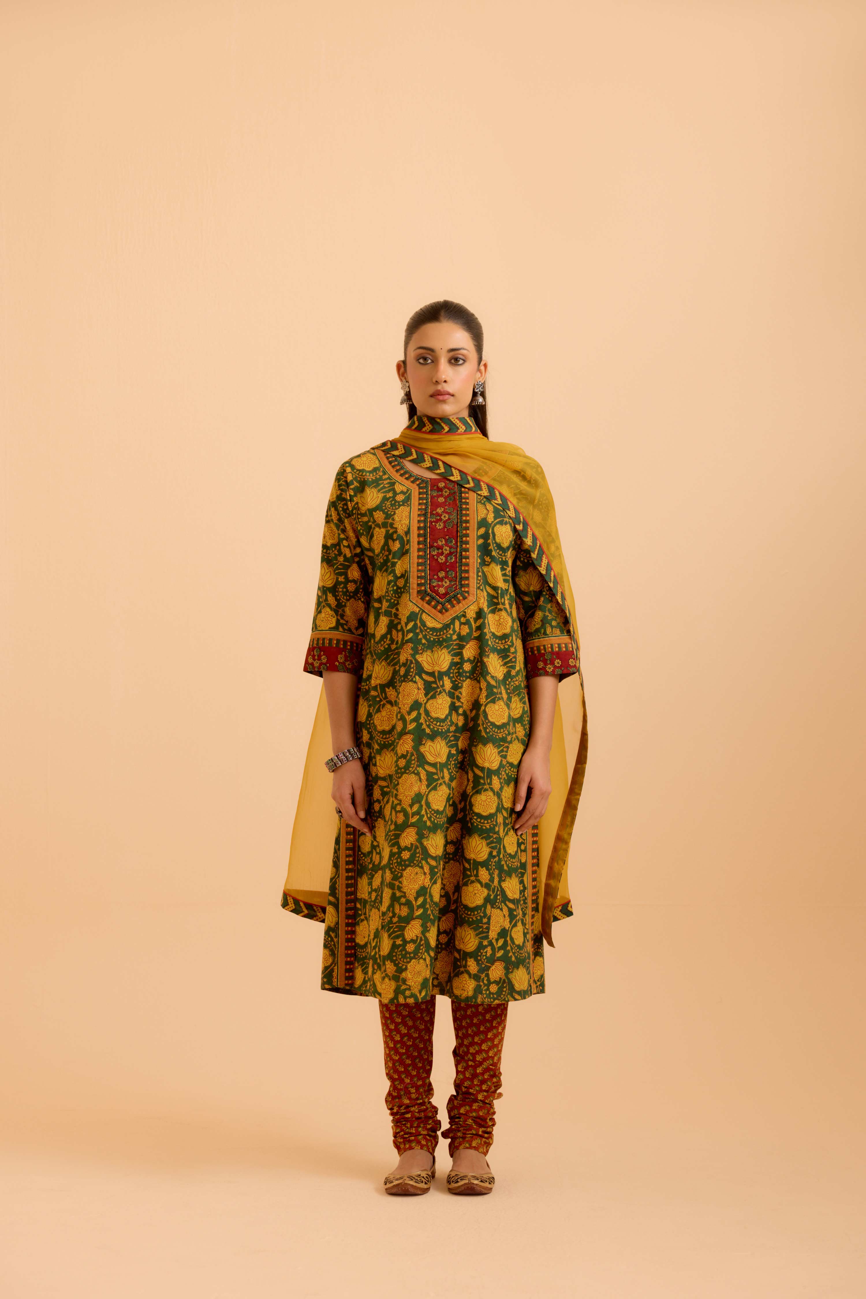 Rozana Cotton Printed Kurta Green Mustard (Set Of 3)